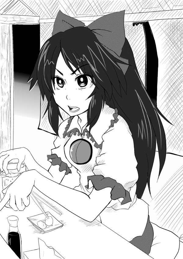 wakie, reiuji utsuho, touhou, 1girl, black hair, female focus, greyscale, indoors, monochrome, ribbon, solo
