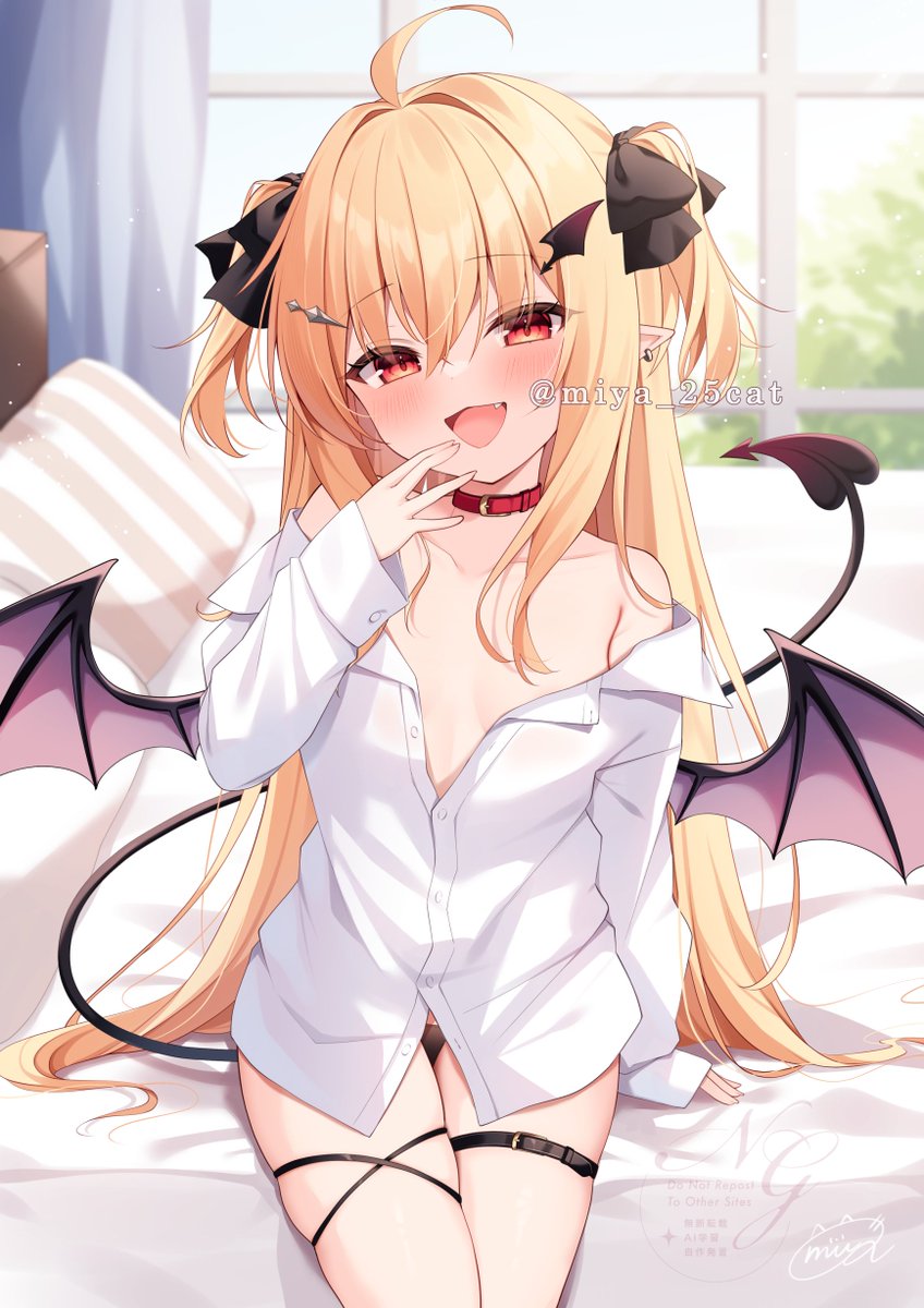 miy@, original, commentary request, highres, 1girl, :d, ahoge, black bow, black panties, blonde hair, bow, breasts, collar, cowboy shot, demon tail, demon wings, earrings, fang, hair bow, hair ornament, hand up, indoors, jewelry, long hair, long sleeves, looking at viewer, no bra, on bed, open mouth, panties, partially unbuttoned, pillow, pointy ears, red collar, shirt, single bare shoulder, single off shoulder, sitting, small breasts, smile, solo, tail, thigh strap, twitter username, two side up, underwear, wakarase-chan (miy@), watermark, white shirt, window, wing hair ornament, wings
