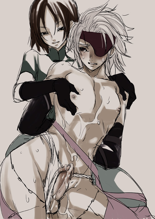 shiraishi asuka, chosokabe motochika (sengoku basara), mouri motonari (sengoku basara), sengoku basara, 00s, 2boys, arms behind back, bdsm, bondage, bound, cum, cum on body, erection, eyepatch, glans, gloves, groping, male focus, multiple boys, penis, uncensored, white hair, yaoi
