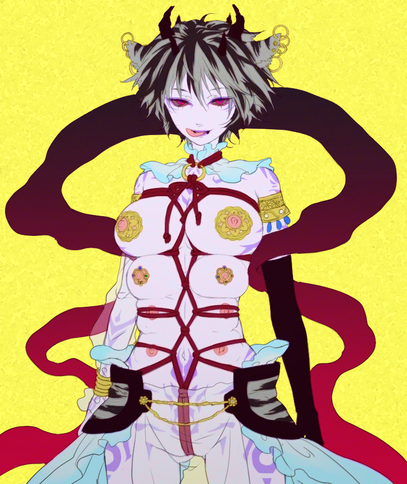 egawa satsuki, toramaru shou, touhou, 1girl, animal ears, bdsm, black hair, bondage, bound, breasts, colored skin, dark persona, ear piercing, earrings, extra breasts, fangs, female focus, horns, jewelry, large breasts, licking lips, monster girl, nipples, piercing, purple skin, red eyes, shibari, short hair, solo, tattoo, tongue, tongue out, what