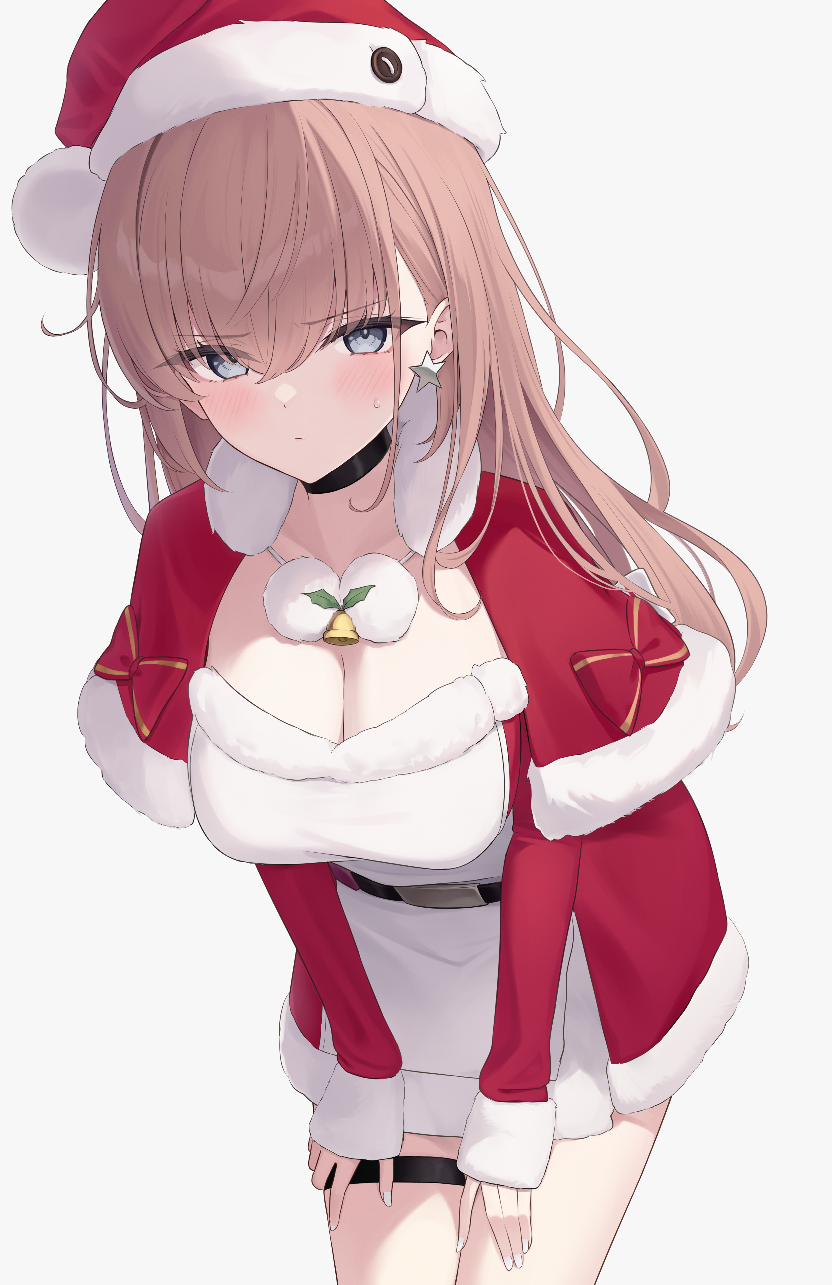 yachima, atlanta (christmas) (kancolle), atlanta (kancolle), kantai collection, absurdres, commentary request, highres, 1girl, black choker, breasts, brown hair, capelet, choker, dress, earrings, fur-trimmed capelet, fur-trimmed headwear, fur-trimmed sleeves, fur trim, grey eyes, hair down, hat, jewelry, large breasts, leaning forward, long hair, looking at viewer, official alternate costume, red capelet, red hat, santa costume, santa dress, santa hat, single earring, solo, star (symbol), star earrings, thigh strap, very long hair