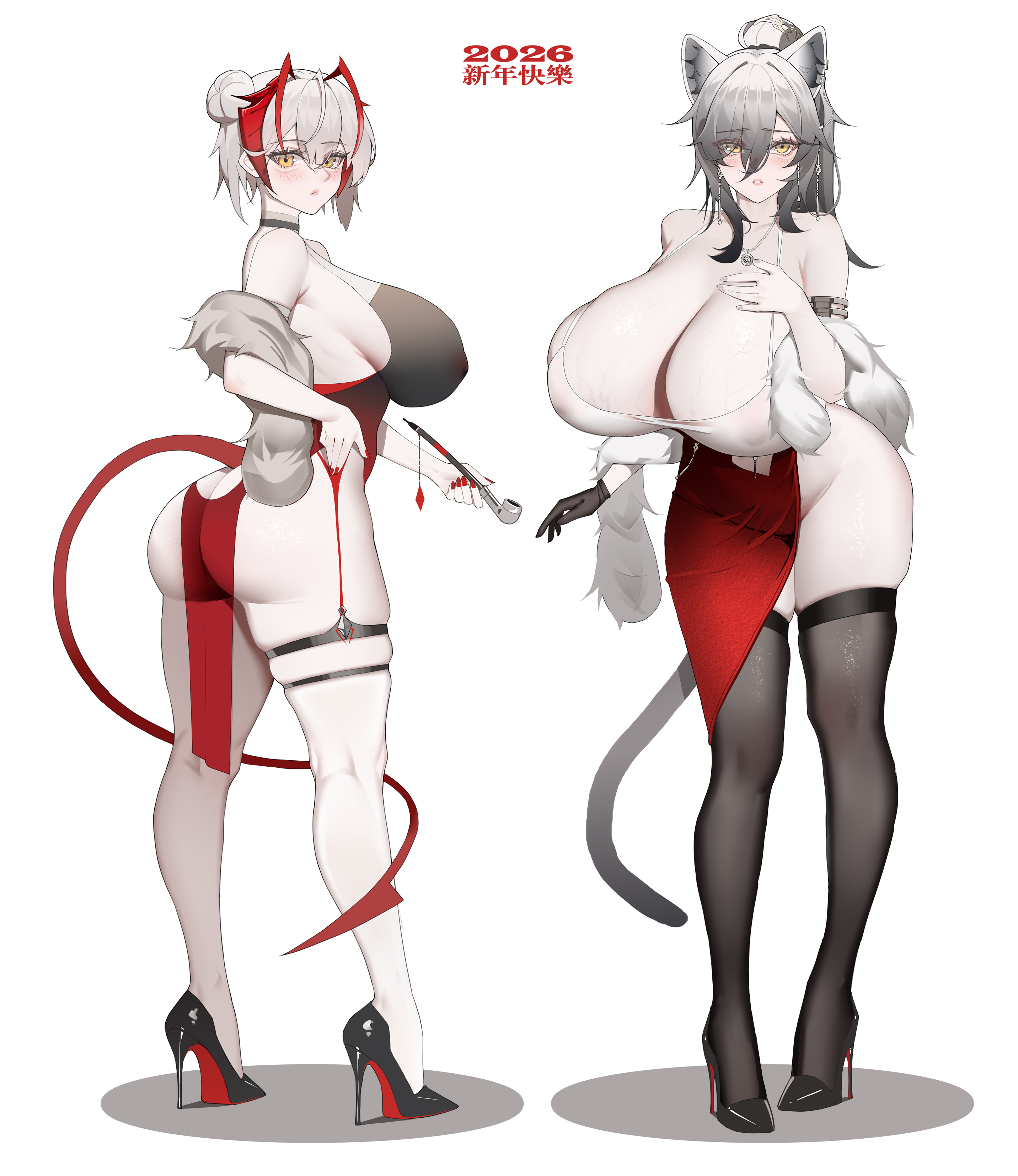 yat (tsmn7245), schwarz (arknights), w (arknights), arknights, absurdres, commentary request, highres, 2026, 2girls, alternate breast size (larger), animal ears, black socks, breasts, covered erect nipples, demon horns, garter straps, gloves, grey hair, high heels, horns, huge breasts, long hair, multiple girls, nail polish, over-kneehighs, pigeon-toed, red nails, short hair, simple background, smoking pipe, socks, thighhighs, veins, veiny breasts, white background, yellow eyes