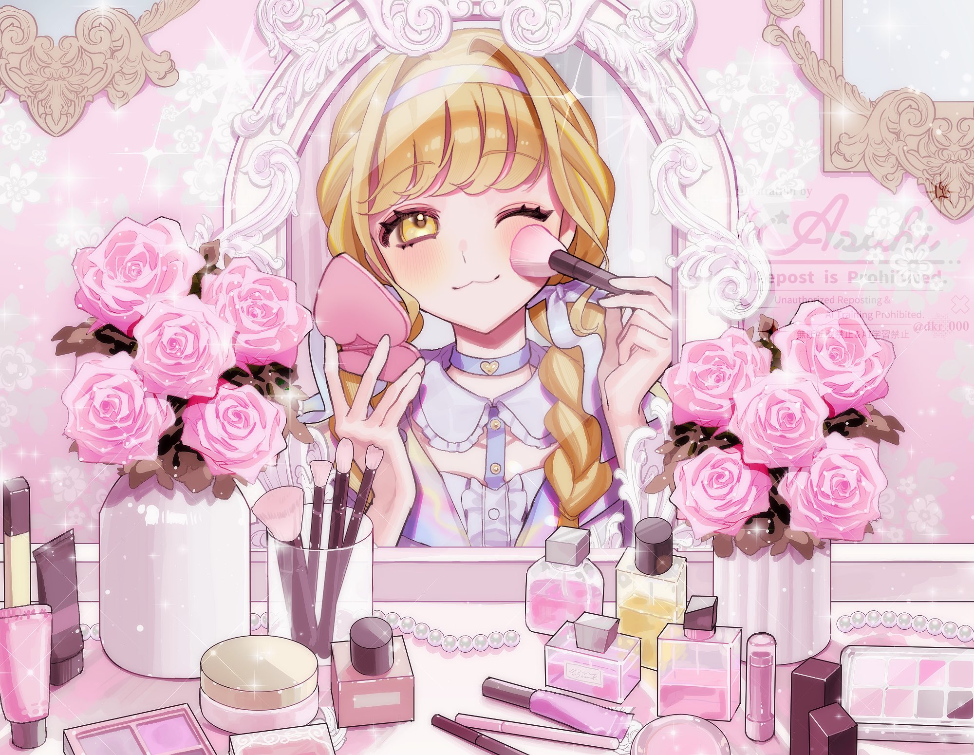 shine asahi, fujita kotone, gakuen idolmaster, idolmaster, commentary, highres, symbol-only commentary, 1girl, ;3, applying makeup, applying own makeup, blonde hair, blue choker, blush, braid, choker, closed mouth, cosmetics, flower, grey shirt, heart, heart choker, long hair, looking at viewer, mirror, one eye closed, pink flower, pink rose, portrait, rose, shirt, smile, solo, twin braids, watermark, yellow eyes