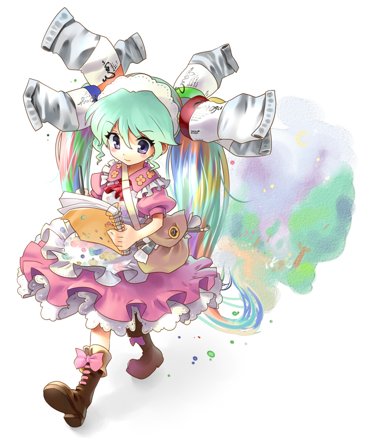 katahira masashi, oekaki musume, original, 1girl, art brush, blue eyes, female focus, full body, long hair, multicolored hair, paint, paintbrush, solo, twintails, white background