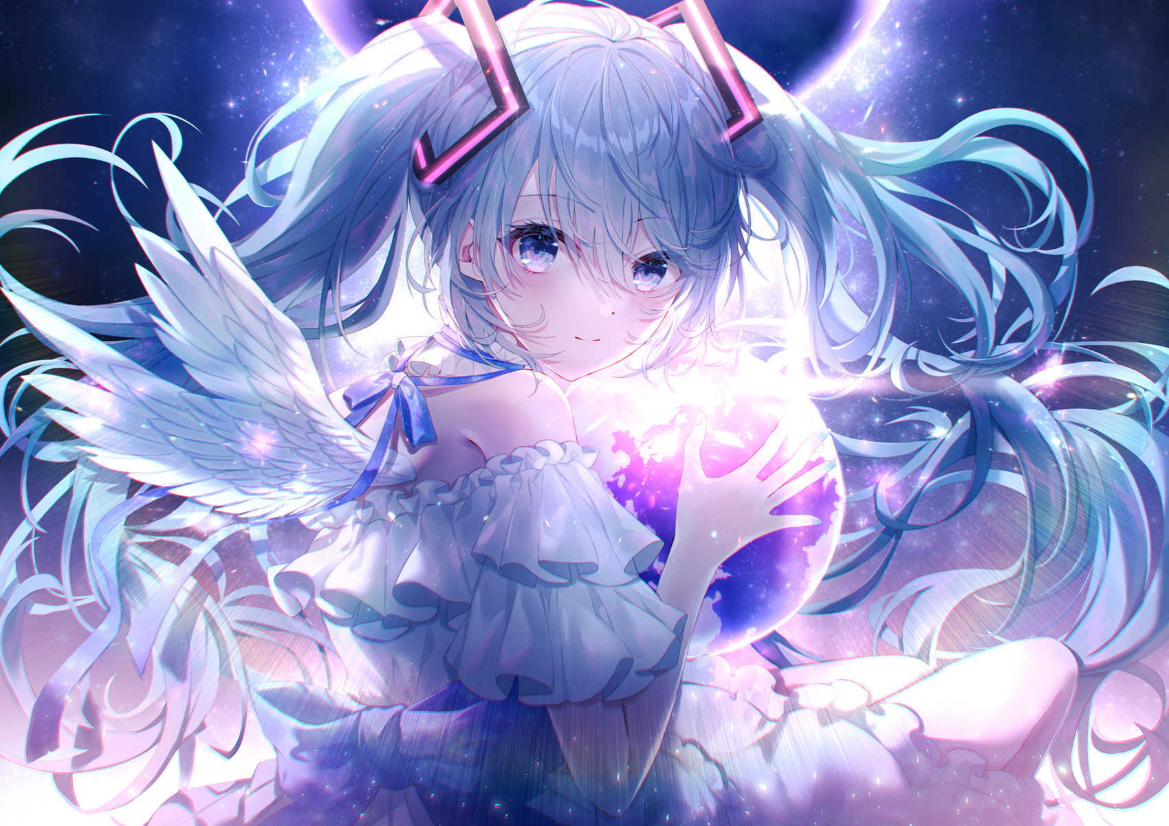 asaya-bigun, hatsune miku, vocaloid, commentary request, highres, 1girl, aqua hair, bare shoulders, blue bow, bow, dot nose, dress, feet out of frame, hand up, hugging object, long hair, looking at viewer, looking to the side, planet, purple eyes, smile, solo, space, very long hair, white dress, white wings, wings