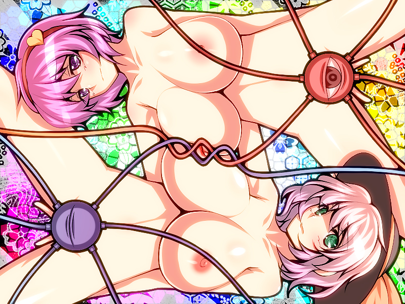 tro (trombe), komeiji koishi, komeiji satori, touhou, silver hair, bad id, bad pixiv id, 2girls, breasts, censored, completely nude, convenient censoring, female focus, green eyes, hairband, hat, heart, huge breasts, incest, large breasts, multiple girls, nipples, nude, pink eyes, pink hair, rotational symmetry, short hair, siblings, sisters, spread legs, yuri