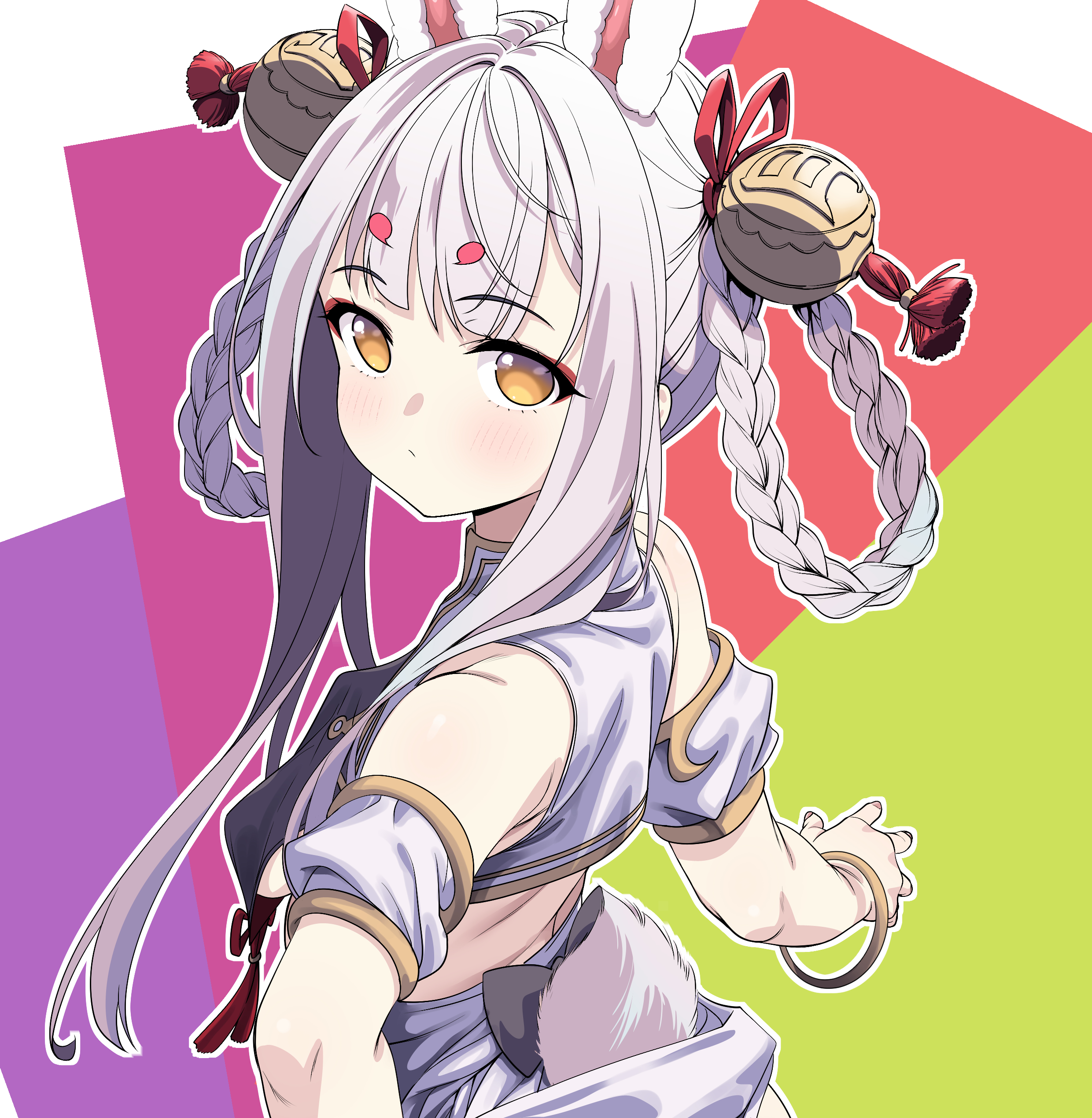 umyonge (lkakeu), shimakaze (azur lane), azur lane, absurdres, commentary request, highres, paid reward available, 1girl, animal ears, bell, braid, braided hair rings, closed mouth, hair bell, hair ornament, hair rings, looking at viewer, rabbit ears, rabbit girl, rabbit tail, solo, sphere hair ornament, tail, twin braids, yellow eyes