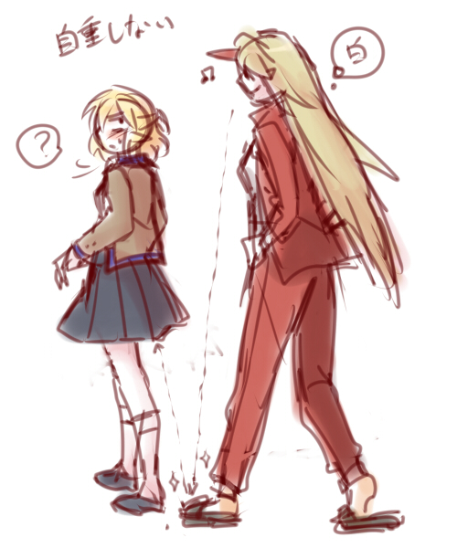 re ghotion, hoshiguma yuugi, mizuhashi parsee, touhou, translated, 2girls, ?, alternate costume, annoyed, blonde hair, blush, contemporary, female focus, female pervert, hand in pocket, horns, kneehighs, mirror, multiple girls, peeking, pervert, simple background, single horn, sketch, skirt, smile, socks, voyeurism, white background, yuri