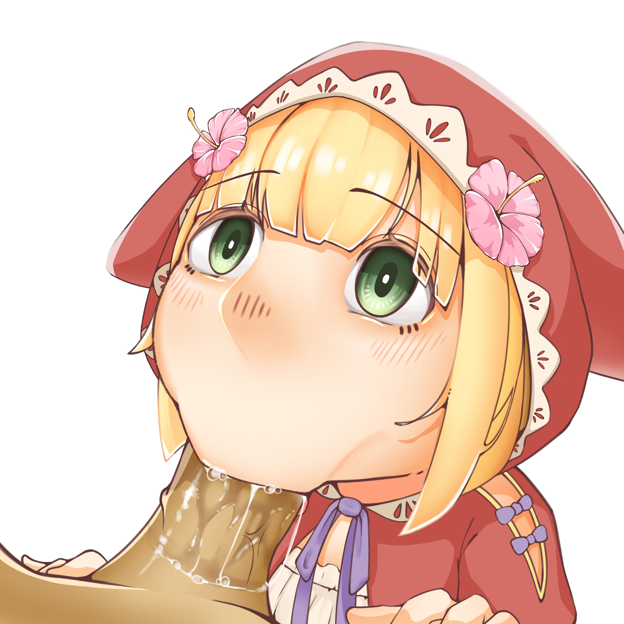 red riding hood (anime) (grimms notes), red riding hood (grimms notes), grimms notes, artist request, bad id, bad pixiv id, 1boy, 1girl, :>=, blonde hair, green eyes, hetero, pov, purple ribbon, red hood, ribbon, short hair, upper body