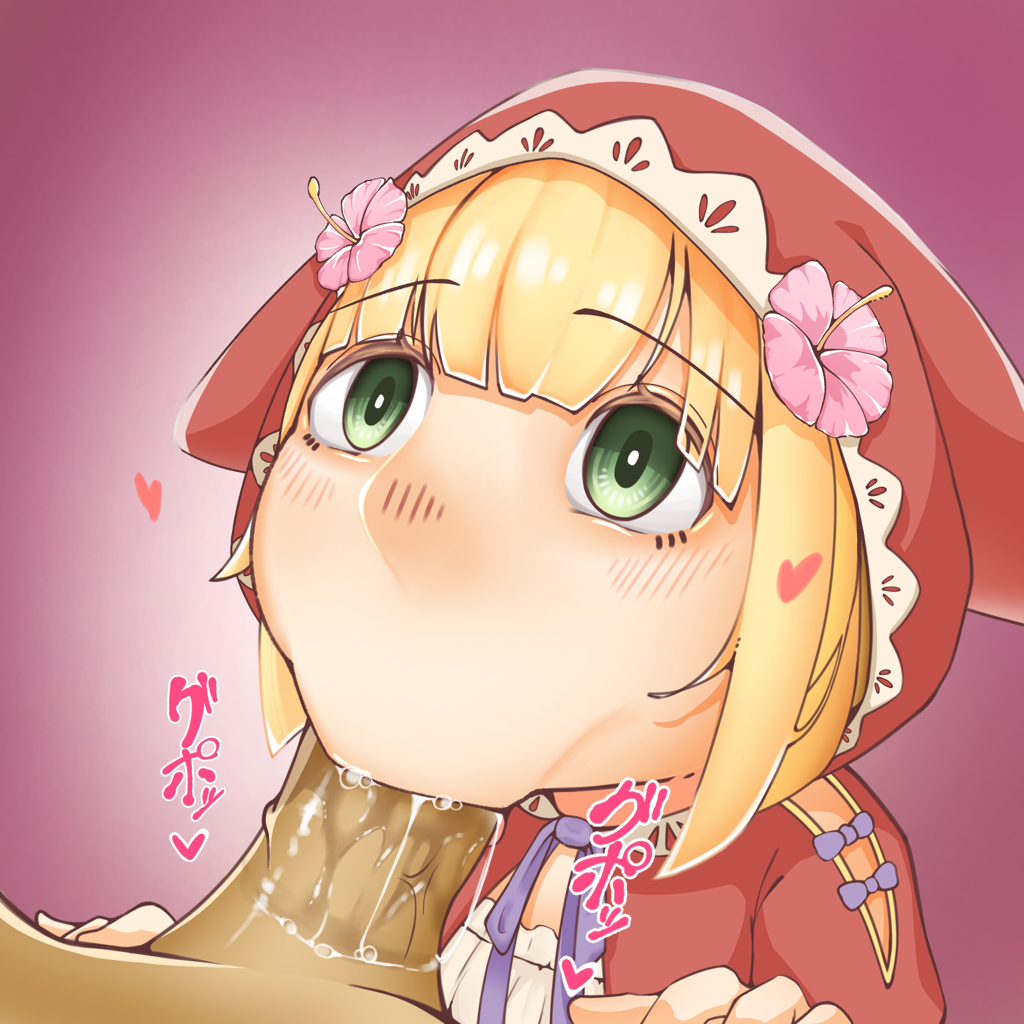 red riding hood (anime) (grimms notes), red riding hood (grimms notes), grimms notes, artist request, bad id, bad pixiv id, 1boy, 1girl, :>=, blonde hair, green eyes, hetero, pov, purple ribbon, red hood, ribbon, short hair, upper body