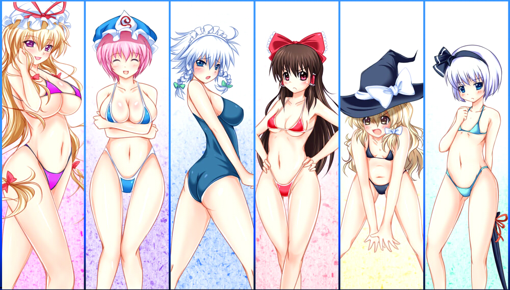 marinon, hakurei reimu, izayoi sakuya, kirisame marisa, konpaku youmu, saigyouji yuyuko, yakumo yukari, touhou, silver hair, bad id, bad pixiv id, 6+girls, ass, bikini, blonde hair, blue eyes, blush, braid, breasts, brown hair, female focus, flat chest, hairband, hip focus, large breasts, long hair, micro bikini, multiple girls, pink hair, purple eyes, red eyes, short hair, swimsuit, twin braids, wide hips, yellow eyes