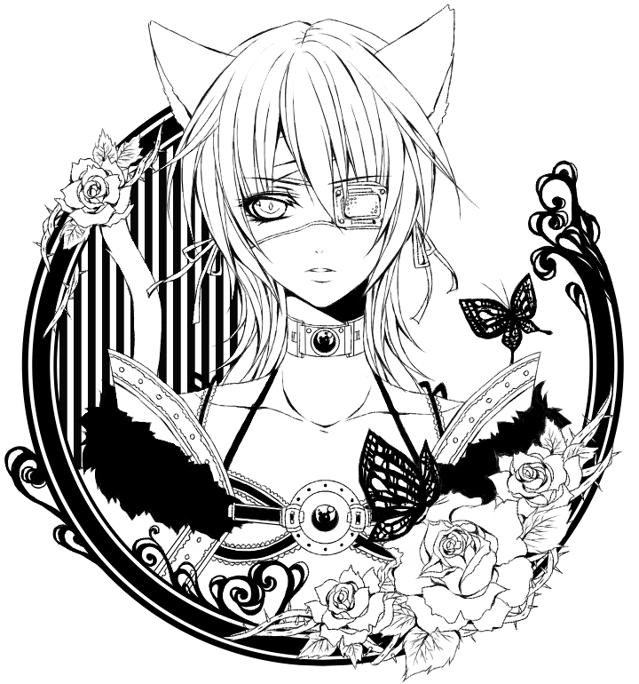 kudo raichi, raichi (quatsch), 1girl, animal ears, bug, butterfly, cat ears, eyepatch, female focus, flower, greyscale, insect, monochrome, solo