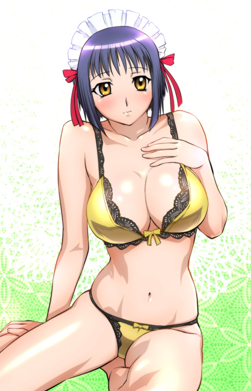 ueyama michirou, fujikura yuu, princess lover, 1girl, blue hair, bra, breasts, cleavage, curvy, female focus, large breasts, lingerie, maid headdress, navel, panties, short hair, sitting, solo, underwear, underwear only, yellow eyes