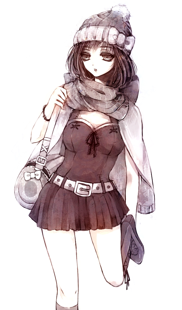 kudo raichi, raichi (quatsch), 1girl, bag, beanie, belt, boots, bow, female focus, hat, hat bow, miniskirt, monochrome, open mouth, scarf, skirt, solo, wristband