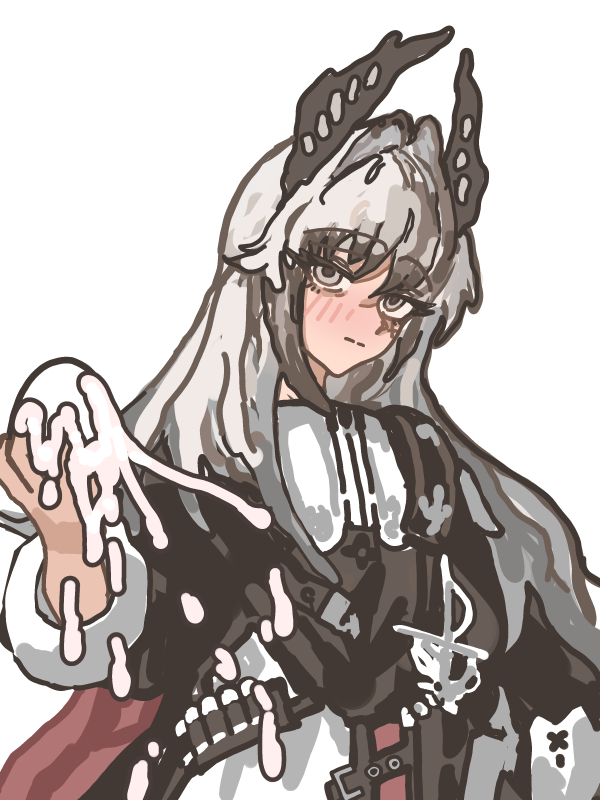 thiccborb, irene (arknights), arknights, commentary request, 1girl, ammunition belt, blush, egg, grey eyes, grey hair, hair intakes, head wings, long hair, looking at viewer, pussy juice, rapier, scar, scar across eye, scar on face, sheath, sheathed, simple background, solo, sword, weapon, white background, wings