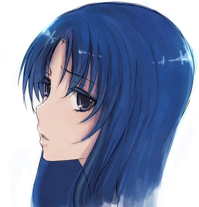 kudo raichi, raichi (quatsch), kawashima ami, toradora!, eyebrows, 00s, 1girl, blue eyes, blue hair, colored eyelashes, eyelashes, female focus, from side, long hair, matching hair/eyes, parted lips, portrait, simple background, solo, white background