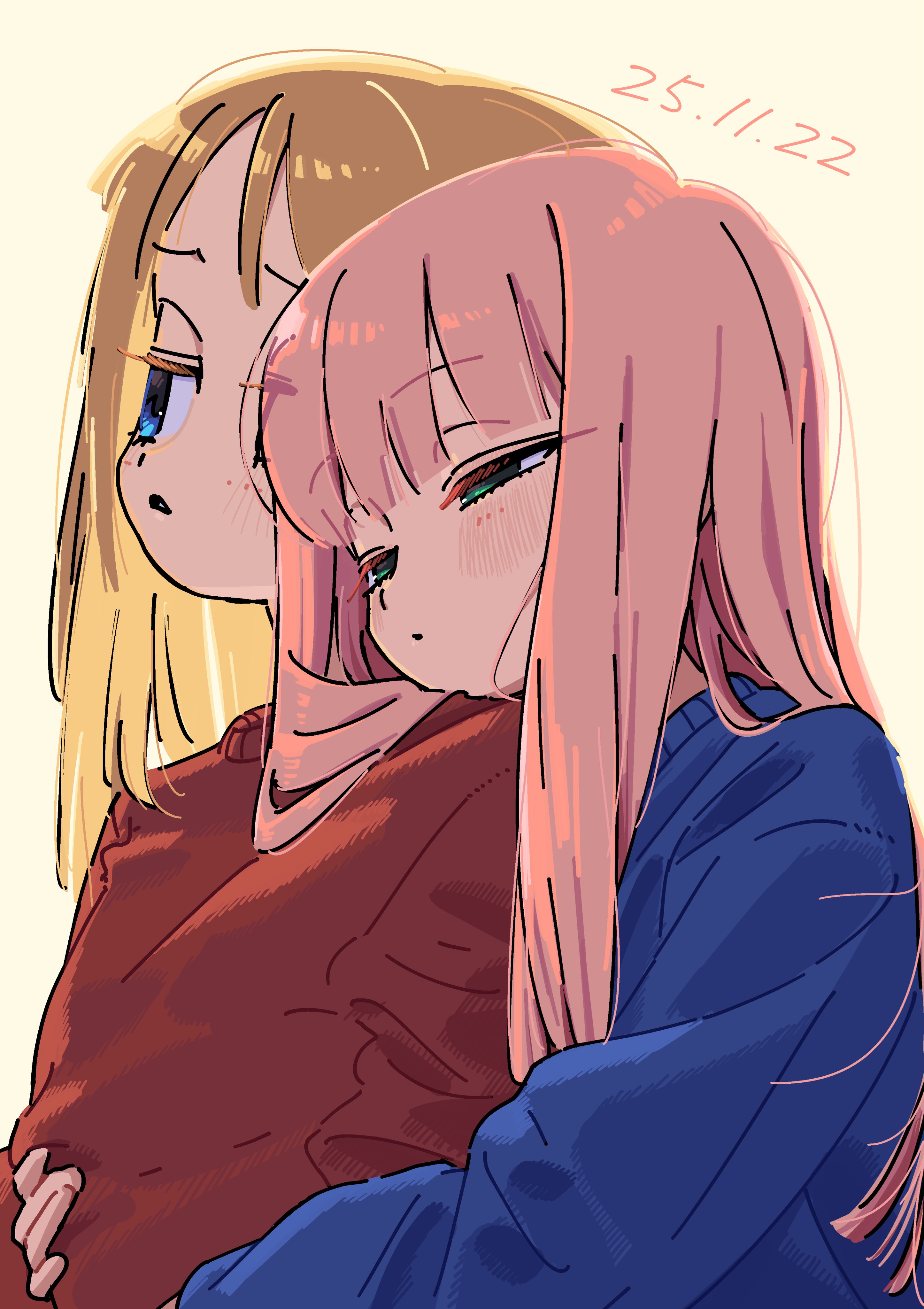 bouen, original, absurdres, commentary request, highres, 2girls, blonde hair, blue eyes, blue sweater, green eyes, half-closed eyes, hug, hug from behind, long hair, looking to the side, multiple girls, parted lips, pink hair, red sweater, sweater, upper body