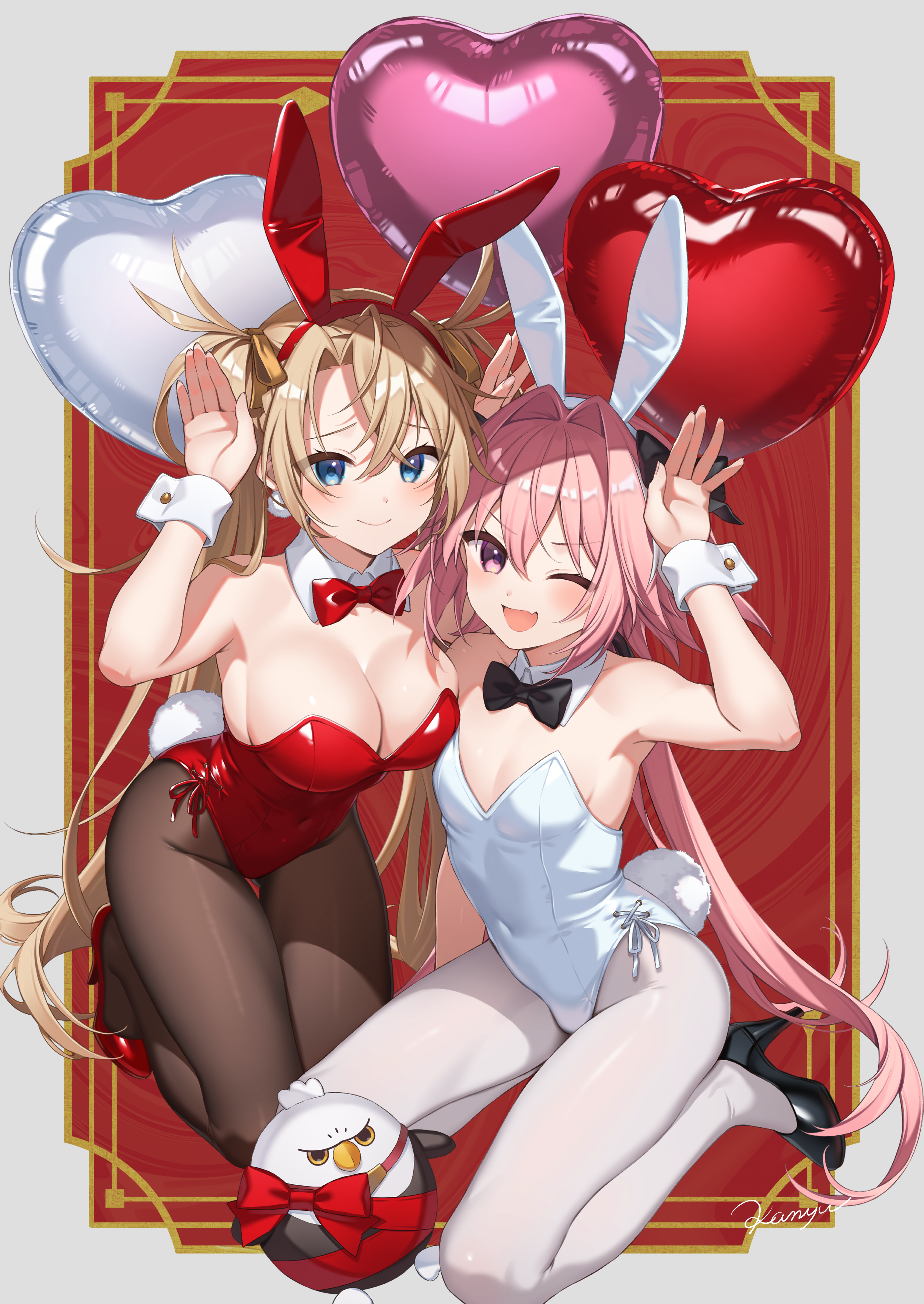 kan'yu (citron 82), astolfo (fate), astolfo (saber) (fate), bradamante (fate), hippogriff (fate), fate/grand order, fate (series), absurdres, character request, commentary request, highres, 1boy, 1girl, animal ear hairband, animal ears, balloon, bare shoulders, blonde hair, blue eyes, blush, bow, bowtie, braid, breasts, brown pantyhose, cleavage, covered navel, crown braid, detached collar, fake animal ears, fake tail, hair bow, hair intakes, hair ornament, hair ribbon, hairband, heart balloon, high heels, highleg, highleg leotard, kneeling, large breasts, leotard, long hair, looking at viewer, low twintails, male playboy bunny, multicolored hair, one eye closed, open mouth, pantyhose, pink eyes, pink hair, playboy bunny, purple eyes, rabbit ears, rabbit tail, red leotard, ribbon, smile, streaked hair, stuffed toy, tail, thighs, trap, twintails, very long hair, white hair, white leotard, white pantyhose, wrist cuffs