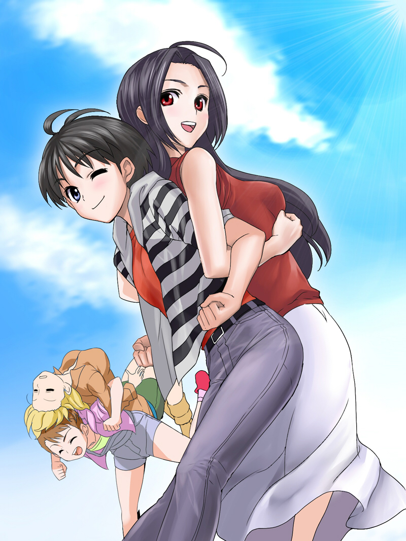 g-tetsu, futami mami, hoshii miki, kikuchi makoto, miura azusa, idolmaster, idolmaster (classic), 00s, 4girls, = =, ahoge, antenna hair, back-to-back, belt, casual, day, lifting person, locked arms, long hair, multiple girls, one eye closed, pants, short hair, skirt, sky, sleeveless, sleeveless turtleneck, stretching, sunlight, turtleneck, wink