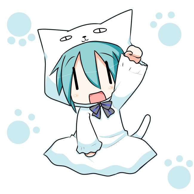 minami (colorful palette), chibi miku, hatsune miku, yowaneko, vocaloid, costume, 1girl, :d, animal hat, animal hood, aqua hair, cat hat, cat hood, chibi, female focus, hat, hood, hoodie, open mouth, paw pose, paw print, smile, solo, tail, | |
