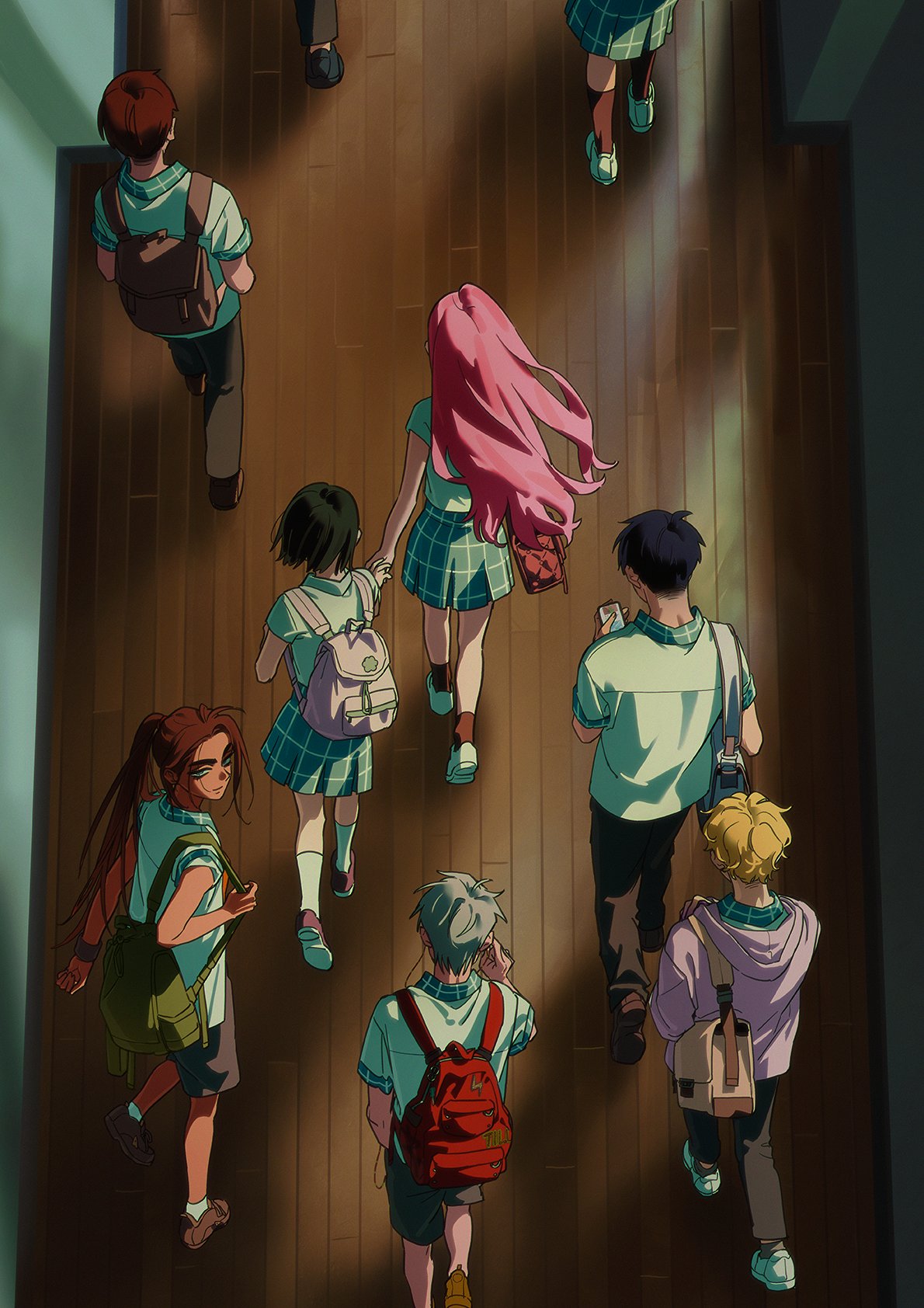 hyuna (alien stage), ivan (alien stage), luka (alien stage), mizi (alien stage), sua (alien stage), till (alien stage), alien stage, commentary, english commentary, highres, official art, backpack, bag, black hair, black pants, black shorts, blonde hair, brown bag, brown hair, brown shoes, brown socks, cellphone, collared shirt, dark-skinned female, dark skin, green bag, grey eyes, grey hair, holding, holding phone, hood, hoodie, long hair, multiple boys, multiple girls, official alternate costume, pants, phone, pink bag, pink hair, plaid clothes, plaid collar, plaid skirt, ponytail, purple hoodie, red bag, school uniform, shirt, shoes, short hair, short sleeves, shorts, shoulder bag, skirt, smartphone, socks, very long hair, very short hair, walking, white shirt, white shoes, white socks, wooden floor