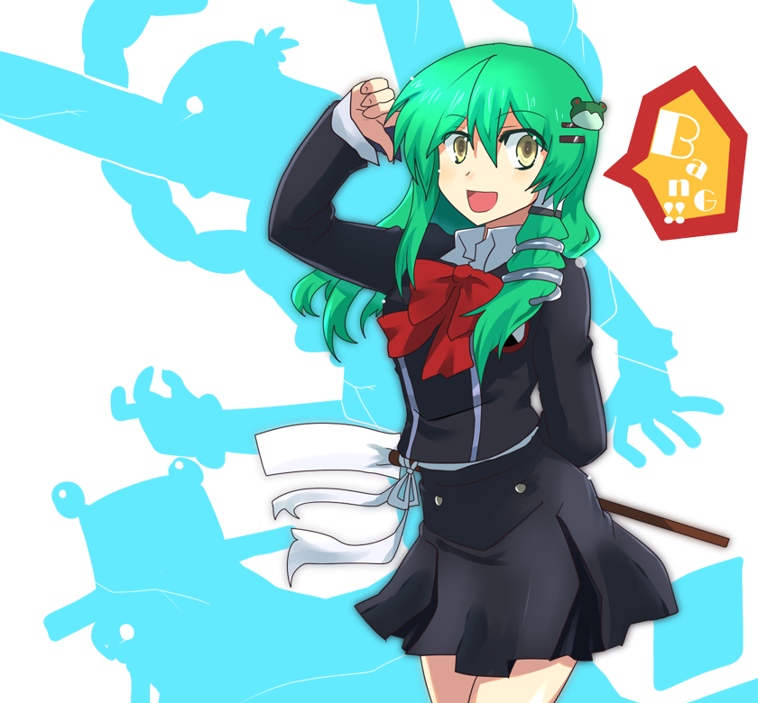 akatoro (nightlord), kochiya sanae, moriya suwako, yasaka kanako, atlus, persona, persona 3, touhou, 1girl, alternate costume, contemporary, female focus, finger gun, frog, green hair, hair ornament, long hair, school uniform, snake, sound effects, yellow eyes