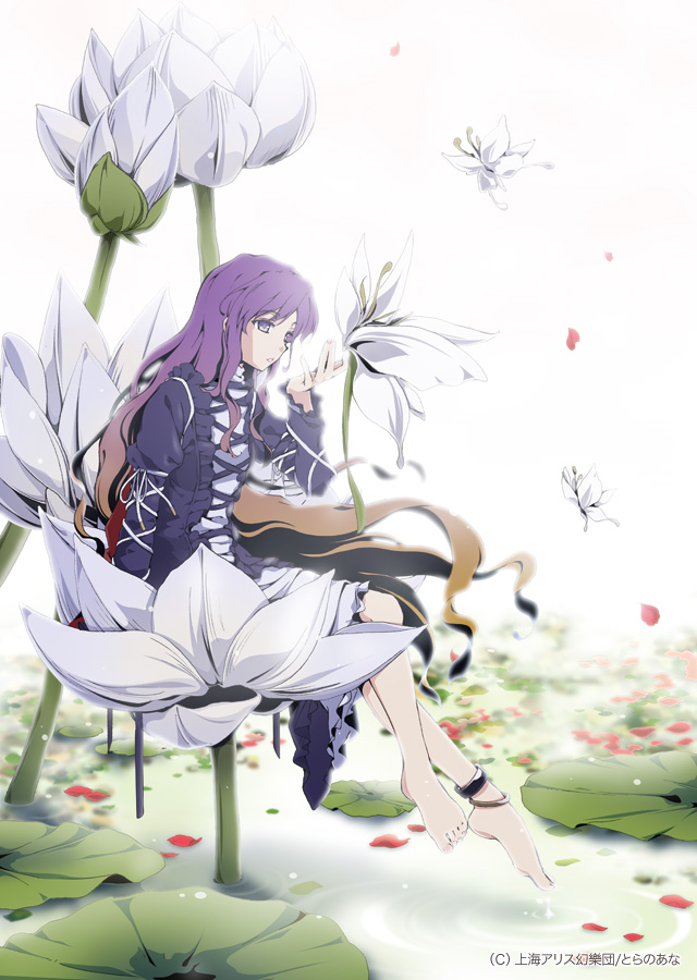 aka ringo, azuma shoujuan, hijiri byakuren, touhou, 1girl, anklet, barefoot, cape, dress, feet, female focus, flower, gradient hair, jewelry, lily pad, long hair, lotus, mini person, minigirl, multicolored hair, name connection, on flower, petals, pun, purple eyes, ripples, sitting, solo