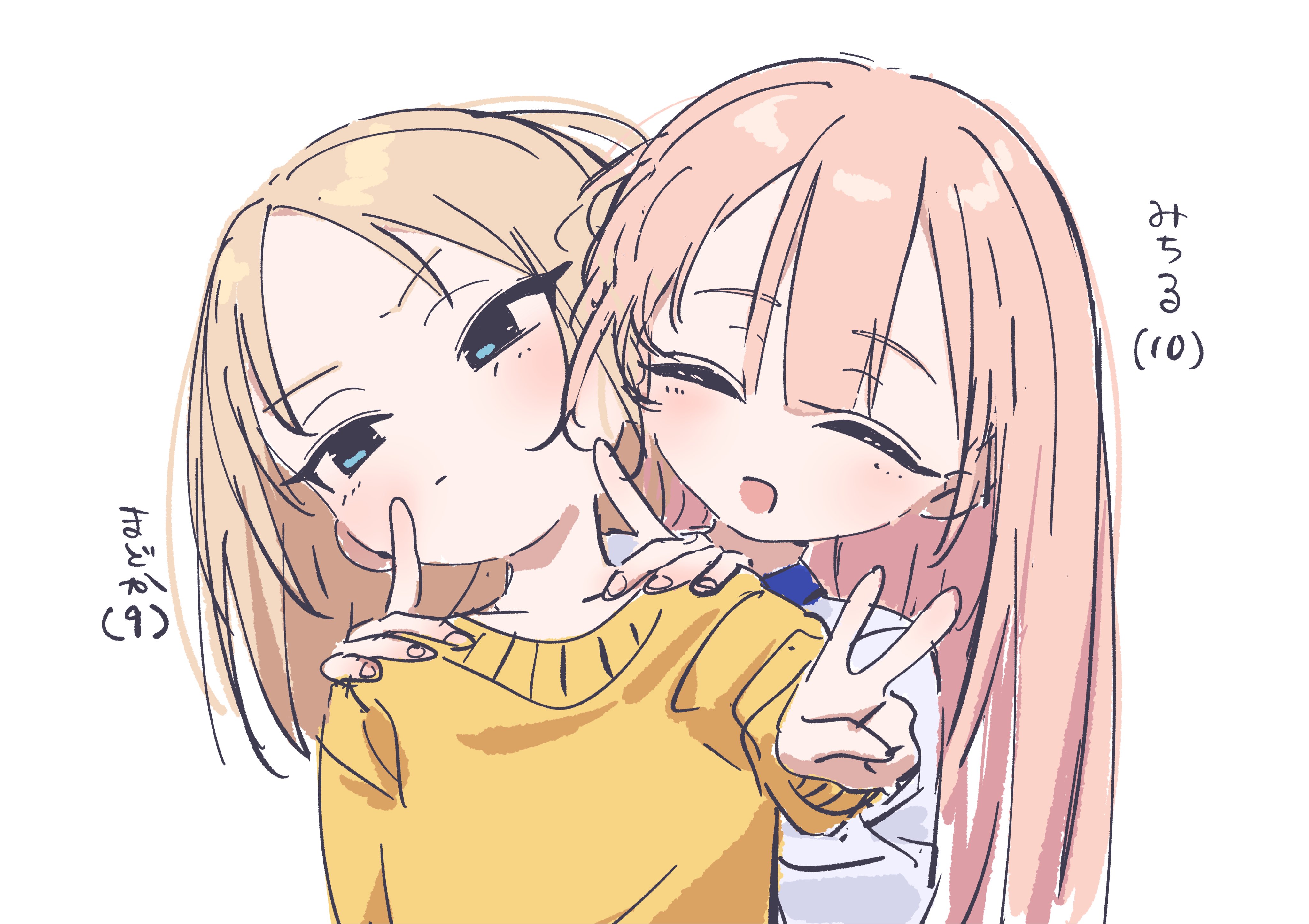bouen, original, absurdres, commentary request, highres, 2girls, blonde hair, blue eyes, blush, closed eyes, long hair, multiple girls, open mouth, pink hair, sketch, smile, sweater, upper body, v