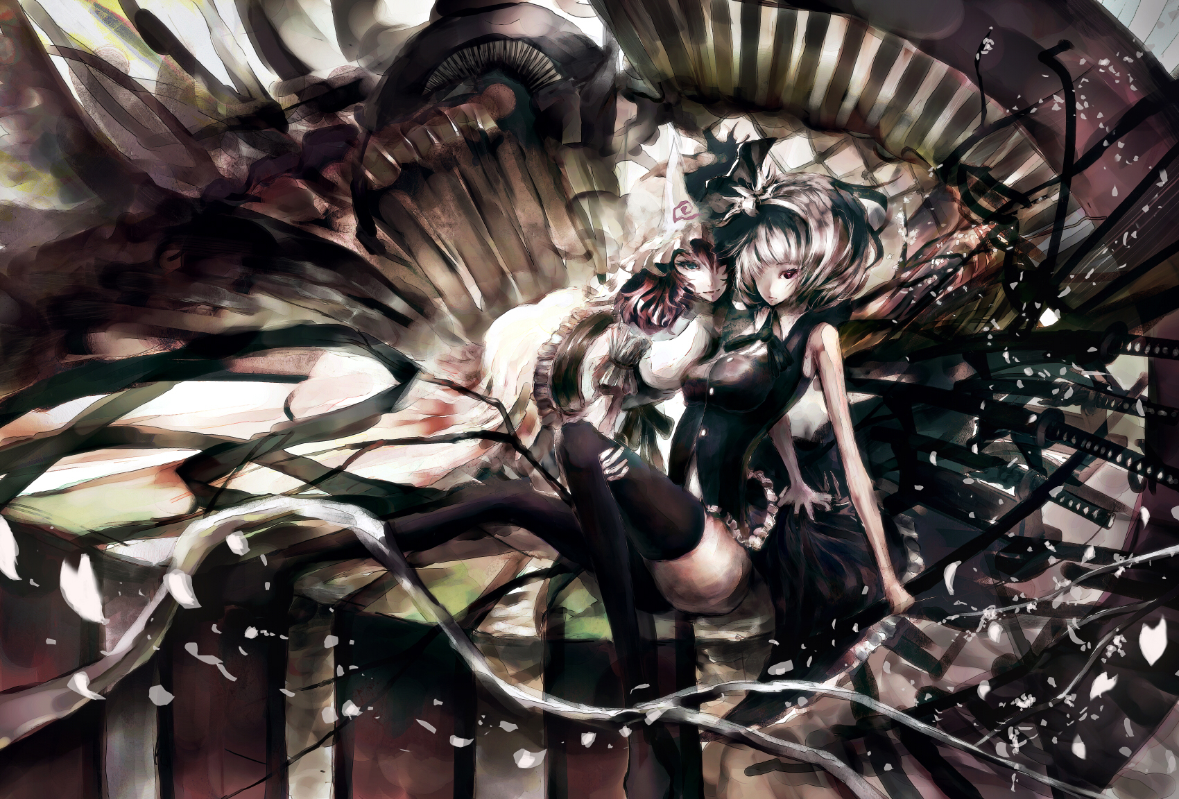 iori yakatabako, konpaku youmu, saigyouji yuyuko, touhou, black legwear, silver hair, highres, 2girls, alternate costume, blue eyes, breasts, dress, female focus, hair ribbon, hat, katana, multiple girls, pink hair, red eyes, ribbon, short hair, smile, sword, thighhighs, triangular headpiece, weapon