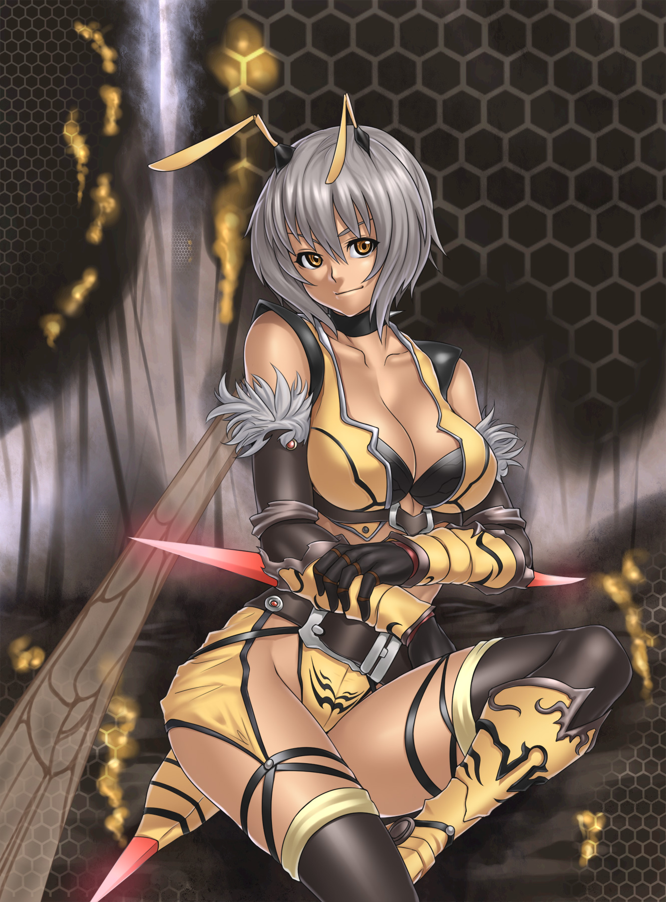 houtengeki, original, silver hair, highres, 1girl, antennae, arthropod girl, bee girl, breasts, cleavage, female focus, honeycomb (pattern), honeycomb background, honeycomb pattern, insect girl, insect wings, large breasts, monster girl, short hair, solo, thighhighs, wings, yellow eyes