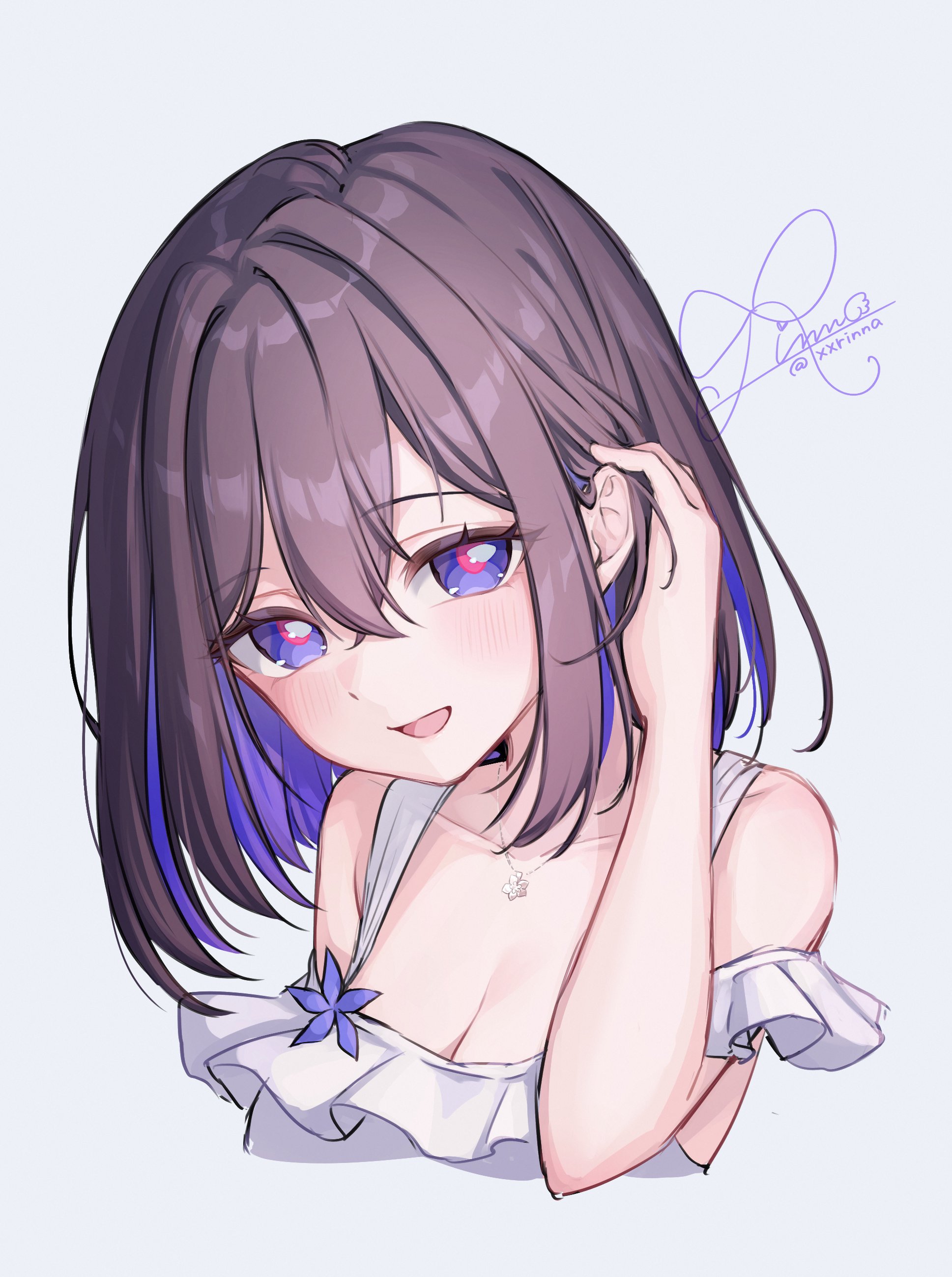 rinna (xxrinna), seele vollerei, seele vollerei (apho), honkai (series), honkai impact 3rd, absurdres, commentary request, highres, 1girl, artist name, blue eyes, breasts, cleavage, colored inner hair, dress, flower, frills, hair behind ear, hair between eyes, jewelry, light blush, looking at viewer, medium hair, multicolored hair, necklace, red pupils, smile, white dress