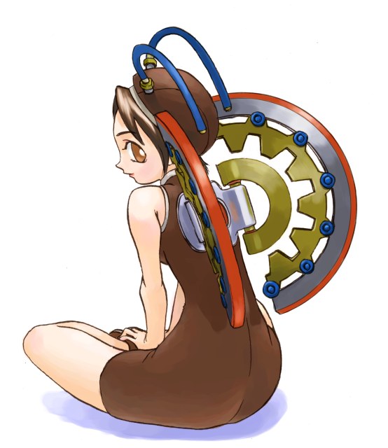hirai yukio, original, archived source, bad link, 1girl, antennae, brown eyes, brown hair, brown romper, brown shoes, full body, looking at viewer, mechanical wings, romper, shoes, short hair, simple background, sitting, sleeveless romper, smile, solo, turtleneck, turtleneck romper, white background, wings