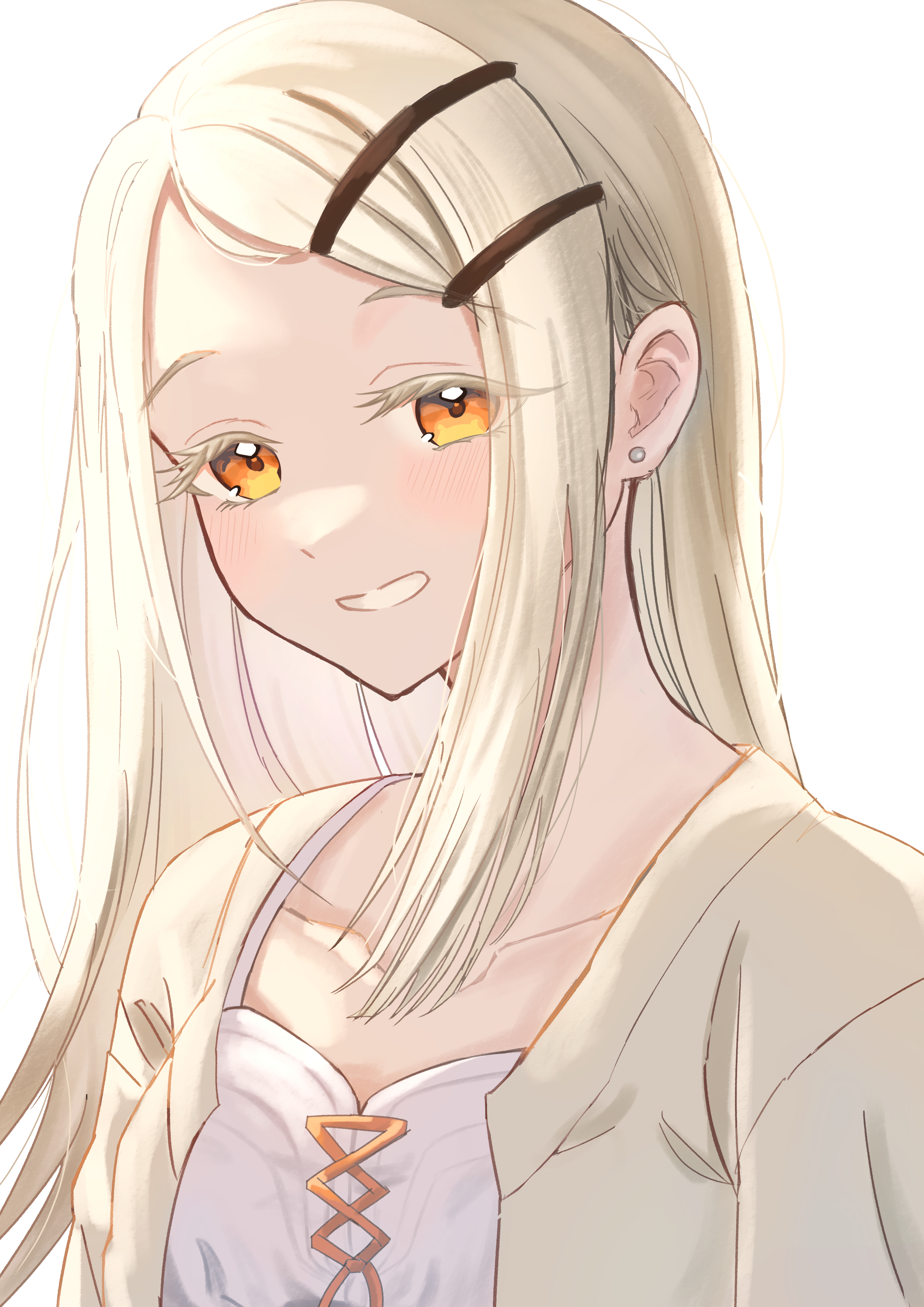 shinosawa hiro, gakuen idolmaster, idolmaster, absurdres, commentary request, highres, 1girl, blonde hair, blush, camisole, collarbone, colored eyelashes, earrings, hair ornament, hairpin, jewelry, long hair, looking at viewer, memai (rrve5527), multiple hairpins, orange eyes, robe, simple background, smile, solo, stud earrings, upper body, white background, white camisole, white robe