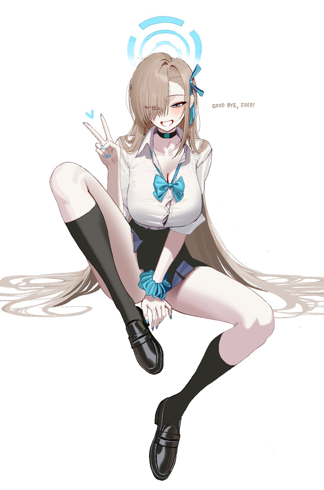 anyak05, asuna (blue archive), asuna (school uniform) (blue archive), blue archive, highres, 1girl, black shoes, black socks, blonde hair, blue eyes, blue halo, blue skirt, blush, breasts, button gap, choker, cleavage, collarbone, grin, hair over one eye, halo, jaggy lines, large breasts, long hair, looking at viewer, pleated skirt, shirt, shoes, sitting, skirt, sleeves rolled up, smile, socks, solo, thighs, v, very long hair, white background, white shirt