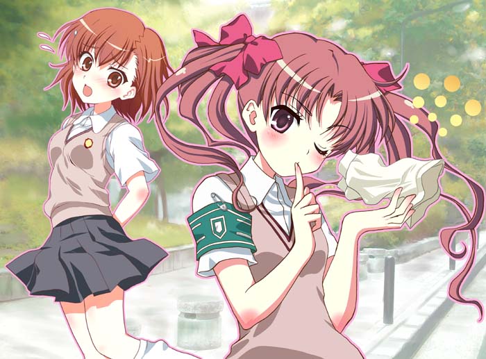 masuyama kei, misaka mikoto, shirai kuroko, toaru kagaku no railgun, toaru majutsu no index, bad id, bad pixiv id, 00s, 2girls, blush, brown hair, hair ornament, hairclip, multiple girls, school uniform, short hair, shorts, twintails