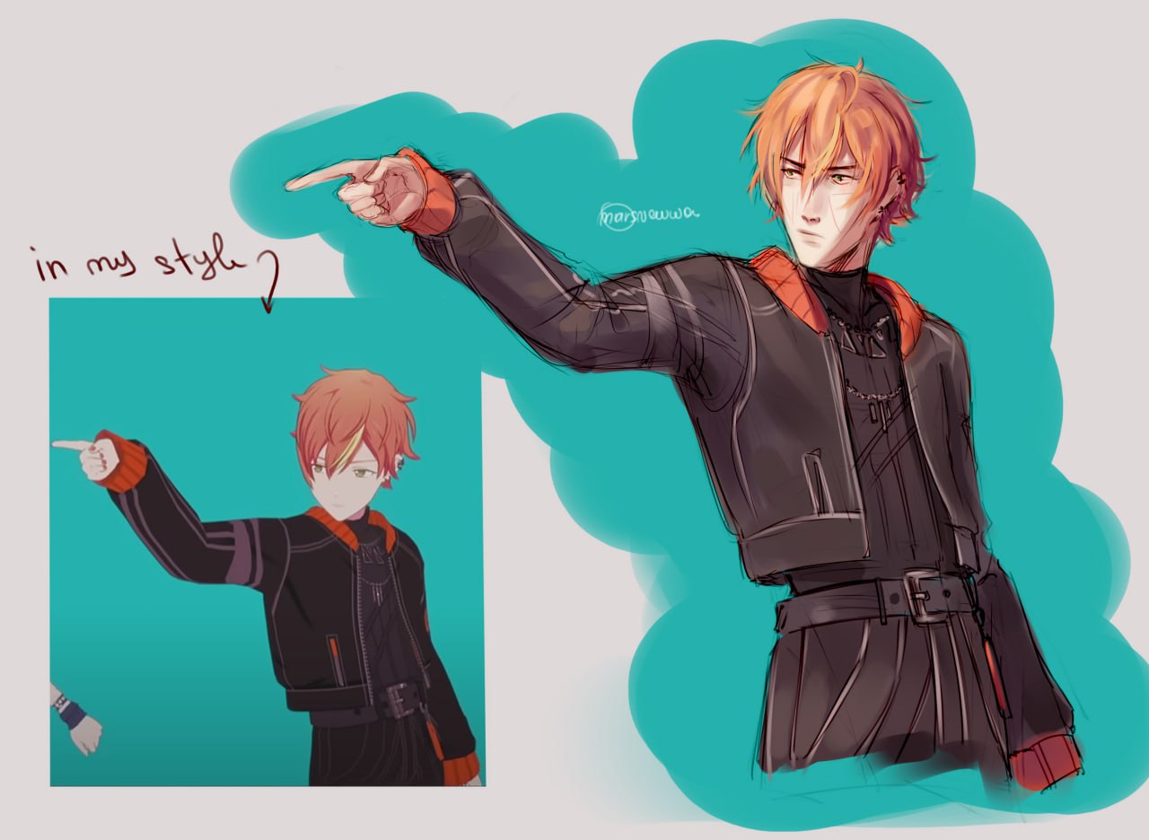 shinonome akito, project sekai, commentary, english commentary, 1boy, black jacket, black shirt, index finger raised, jacket, looking to the side, male focus, open clothes, open jacket, orange hair, pointing, screenshot inset, shirt, short hair, snewwa, solo