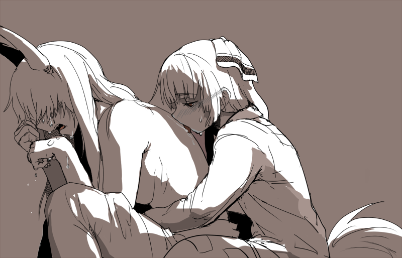 kirusu, ex-keine, fujiwara no mokou, kamishirasawa keine, touhou, bad id, bad pixiv id, 2girls, bow, female focus, hair bow, horns, long hair, monochrome, multiple girls, red eyes, spot color, tail, tears, yuri