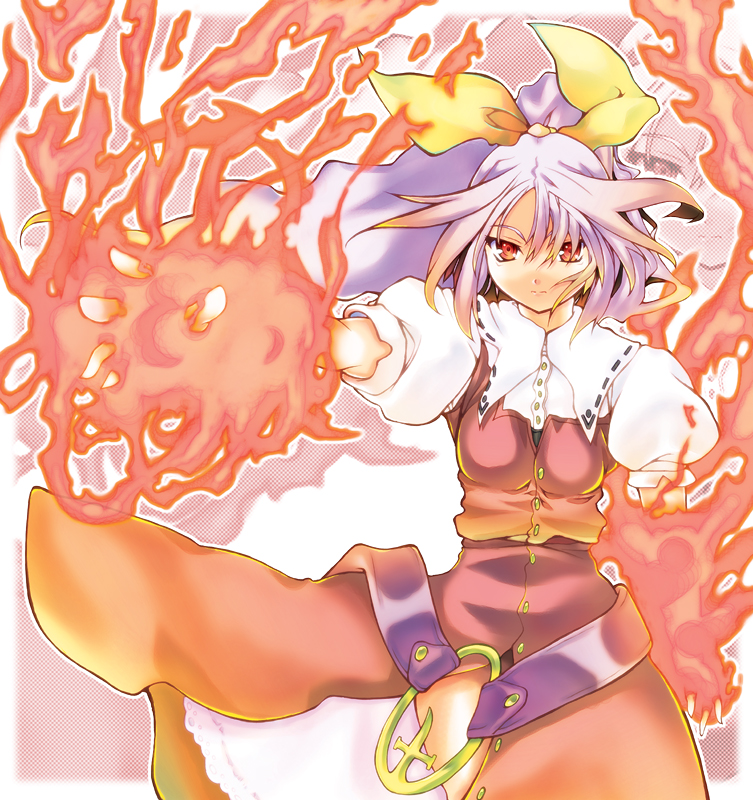 hase7se, hase nanase, watatsuki no yorihime, silent sinner in blue, touhou, 1girl, female focus, fire, flaming hand, long hair, ponytail, purple hair, red eyes, solo, standing