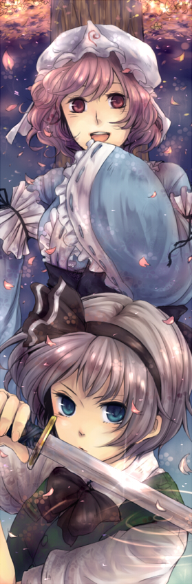 gigaslash, konpaku youmu, saigyouji yuyuko, touhou, silver hair, bad id, bad pixiv id, long image, tall image, 2girls, blue eyes, female focus, hairband, hat, katana, multiple girls, pink hair, red eyes, short hair, sword, weapon