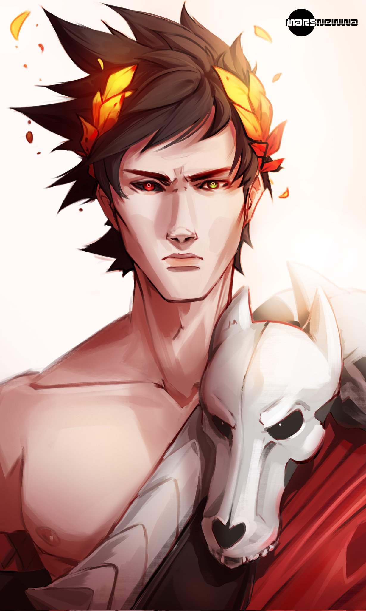 hades (hades), hades (series), commentary, english commentary, highres, 1boy, black hair, cropped shoulders, expressionless, heterochromia, looking at viewer, male focus, portrait, sharp teeth, snewwa, solo, straight-on, teeth