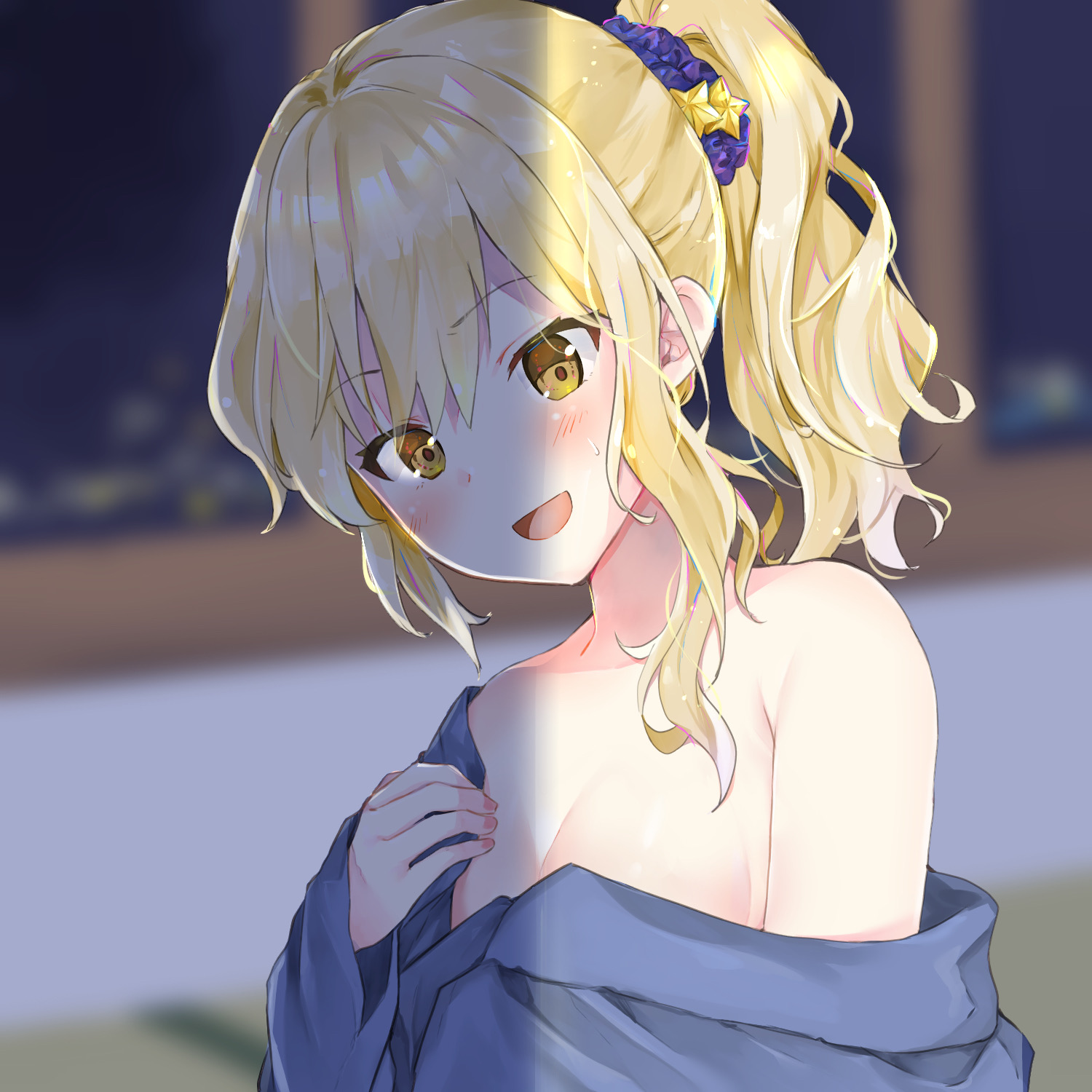 minatsuki yurara, kirisame marisa, touhou, commentary request, highres, 1girl, alternate costume, alternate hairstyle, blonde hair, blue kimono, blurry, blush, breasts, cleavage, depth of field, hair ornament, hair scrunchie, japanese clothes, kimono, looking at viewer, off shoulder, open mouth, ponytail, scrunchie, shadow, smile, solo, sweatdrop, yellow eyes