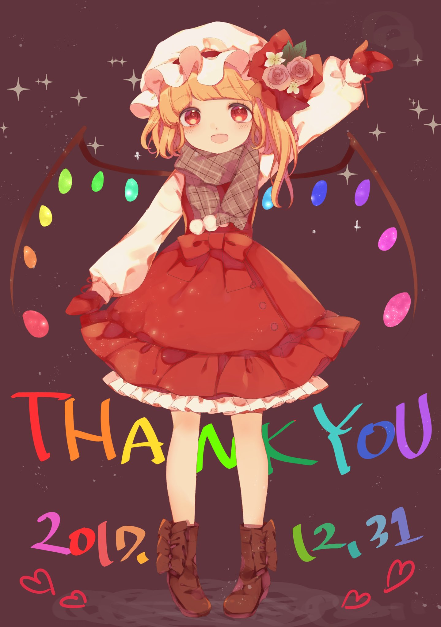 senju (uroakono), flandre scarlet, touhou, commentary request, highres, 1girl, :d, blonde hair, boots, brown background, brown boots, dated, dress, flower, full body, grey scarf, hat, heart, long hair, long sleeves, looking at viewer, mittens, mob cap, open mouth, pink flower, pink rose, plaid clothes, plaid scarf, red dress, red eyes, red mittens, red vest, rose, scarf, shirt, smile, solo, thank you, vest, waving, white hat, white shirt