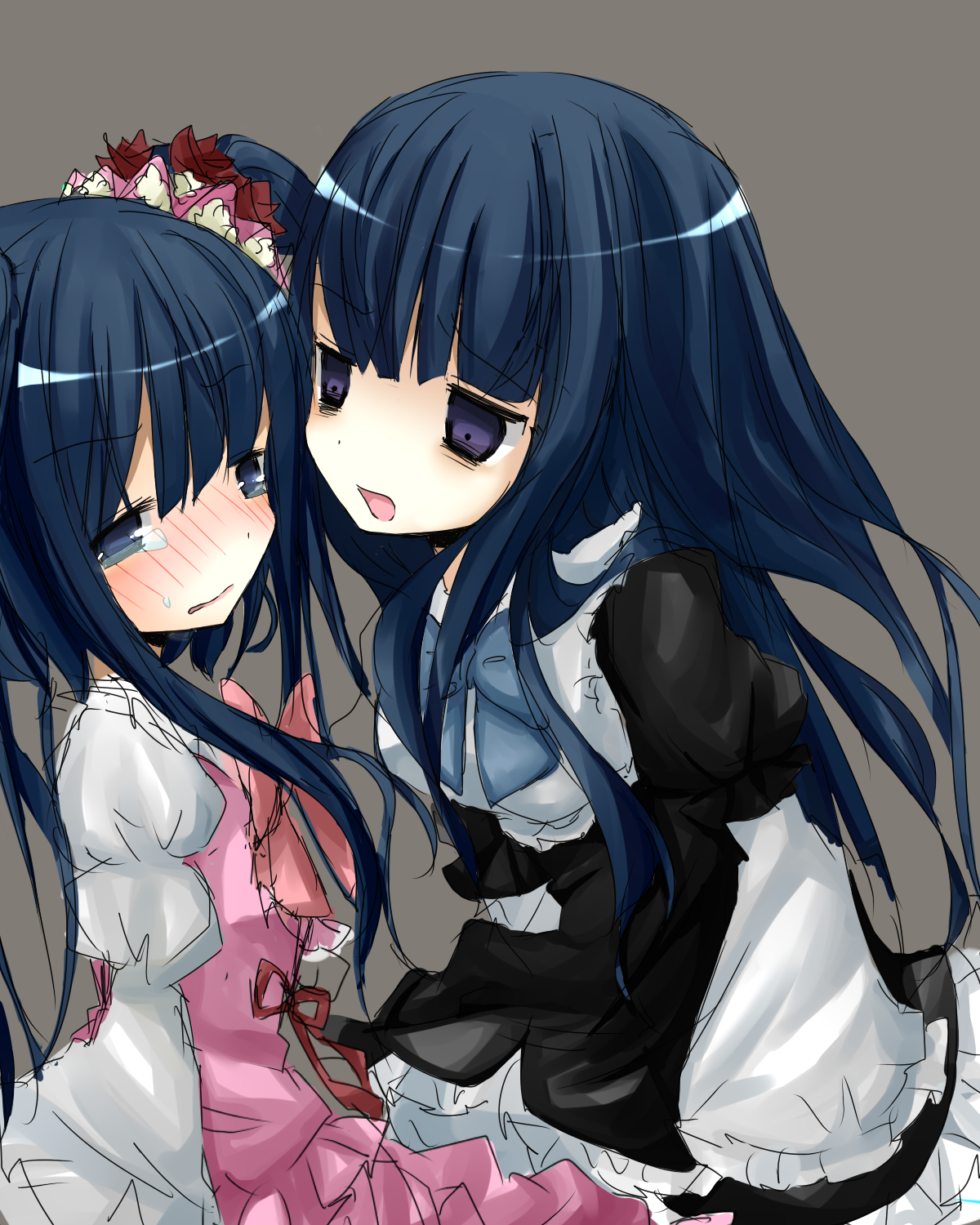 nanase (ribonshitoron), frederica bernkastel, furudo erika, umineko no naku koro ni, bad id, bad pixiv id, highres, 00s, 2girls, blue eyes, blue hair, blush, bow, dress, hair ornament, long hair, multiple girls, tears, twintails