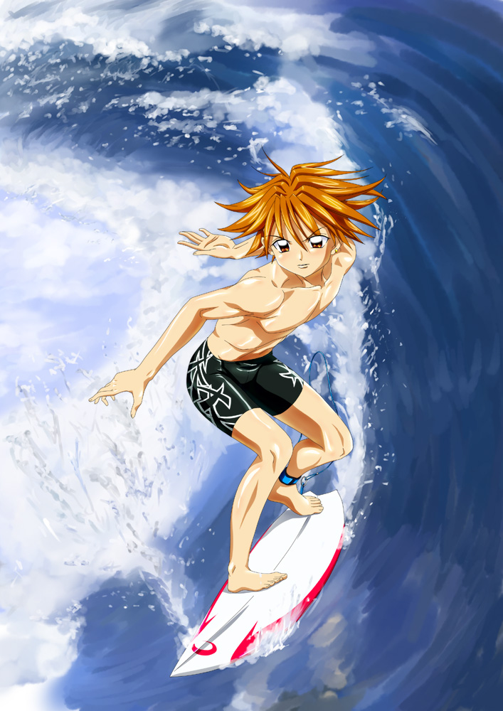 ankoku tiger, doumoto kaito, mermaid melody pichi pichi pitch, 00s, 1boy, barefoot, bike shorts, brown eyes, brown hair, male focus, official style, orange hair, short hair, solo, surfboard, surfing, waves