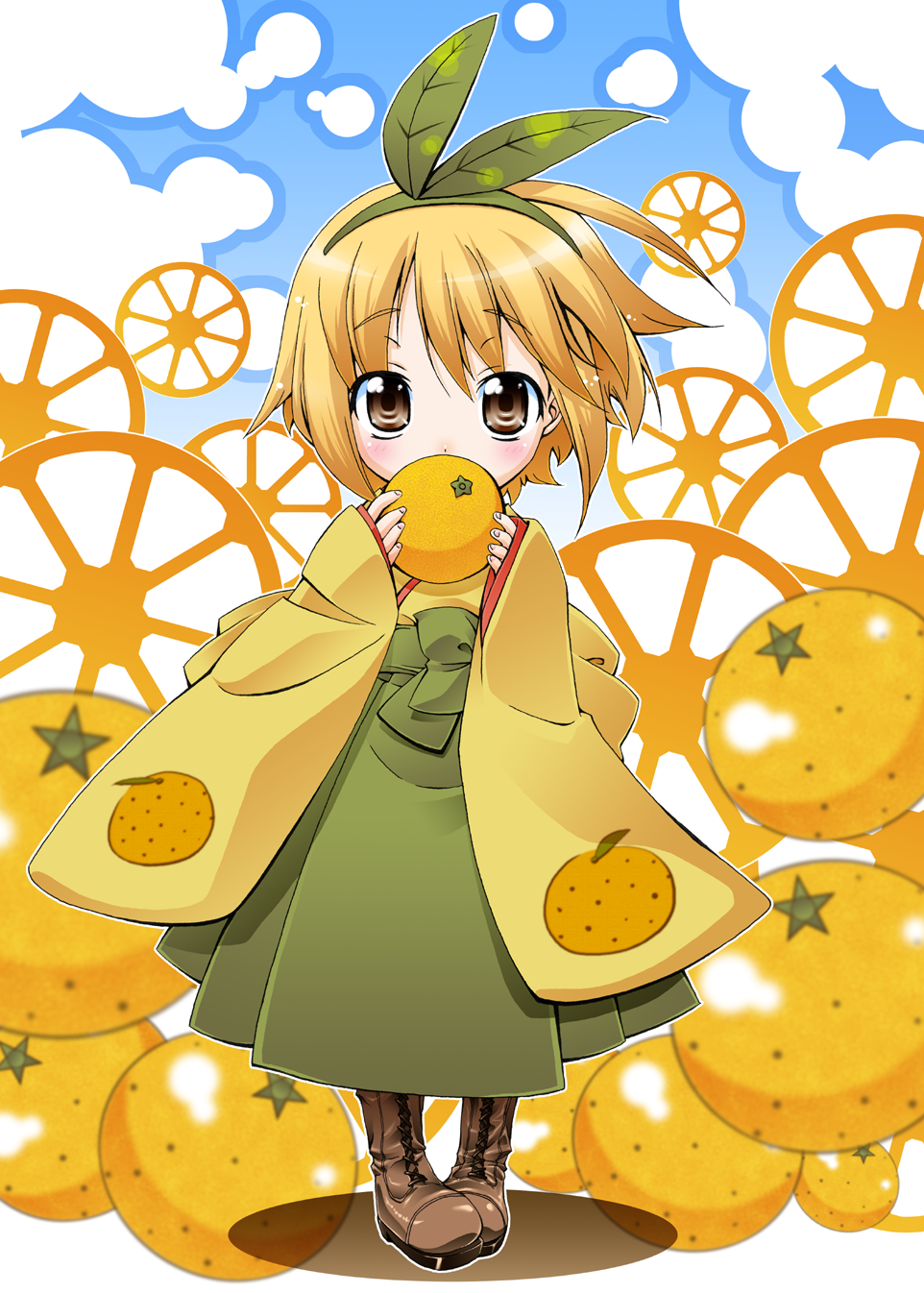 5293150, four horizontal bars, mittan, original, bad id, bad pixiv id, highres, 1girl, blonde hair, blush, boots, covering face, covering own mouth, covering privates, female focus, food, food-themed clothes, food print, fruit, fruit print, hairband, headband, holding, holding food, holding fruit, looking at viewer, orange (fruit), orange print, personification, pigeon-toed, short hair, shy, solo