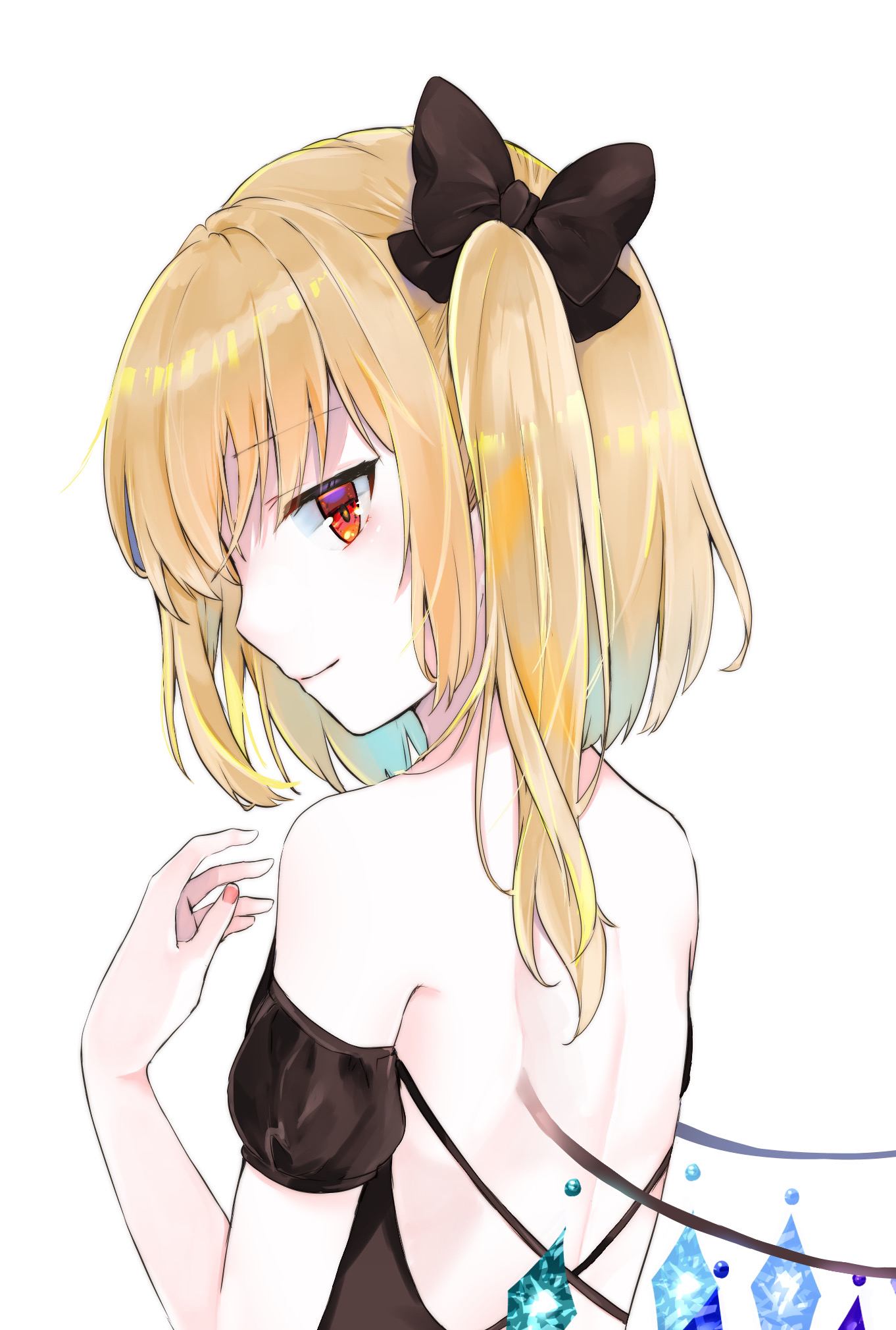 minatsuki yurara, flandre scarlet, touhou, commentary request, highres, 1girl, alternate costume, backless dress, backless outfit, black bow, black dress, blonde hair, bow, closed mouth, crystal, crystal wings, dress, hair bow, looking at viewer, multicolored wings, one side up, pink nails, red eyes, simple background, smile, solo, white background, wings