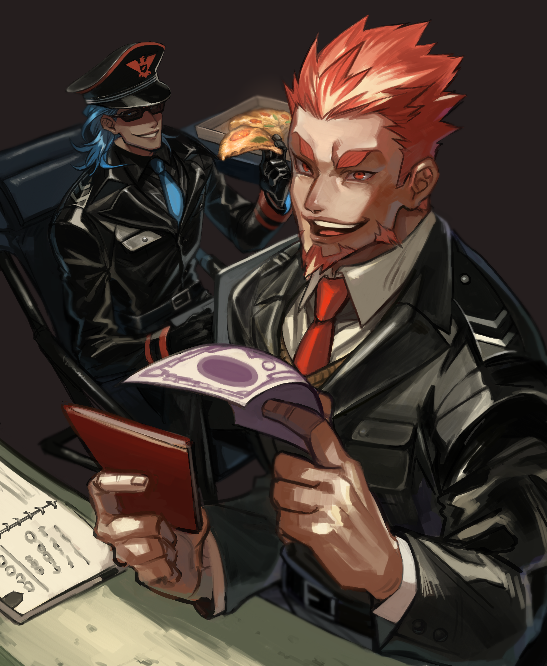 2bro., saida (ohda ooda), papers please, commentary request, highres, 2boys, anija (2bro.), beard, black jacket, facial hair, food, jacket, long sleeves, looking at viewer, male focus, mature male, military uniform, multiple boys, necktie, open mouth, orange hair, otoja (2bro.), passport, pizza, red necktie, sideburns
