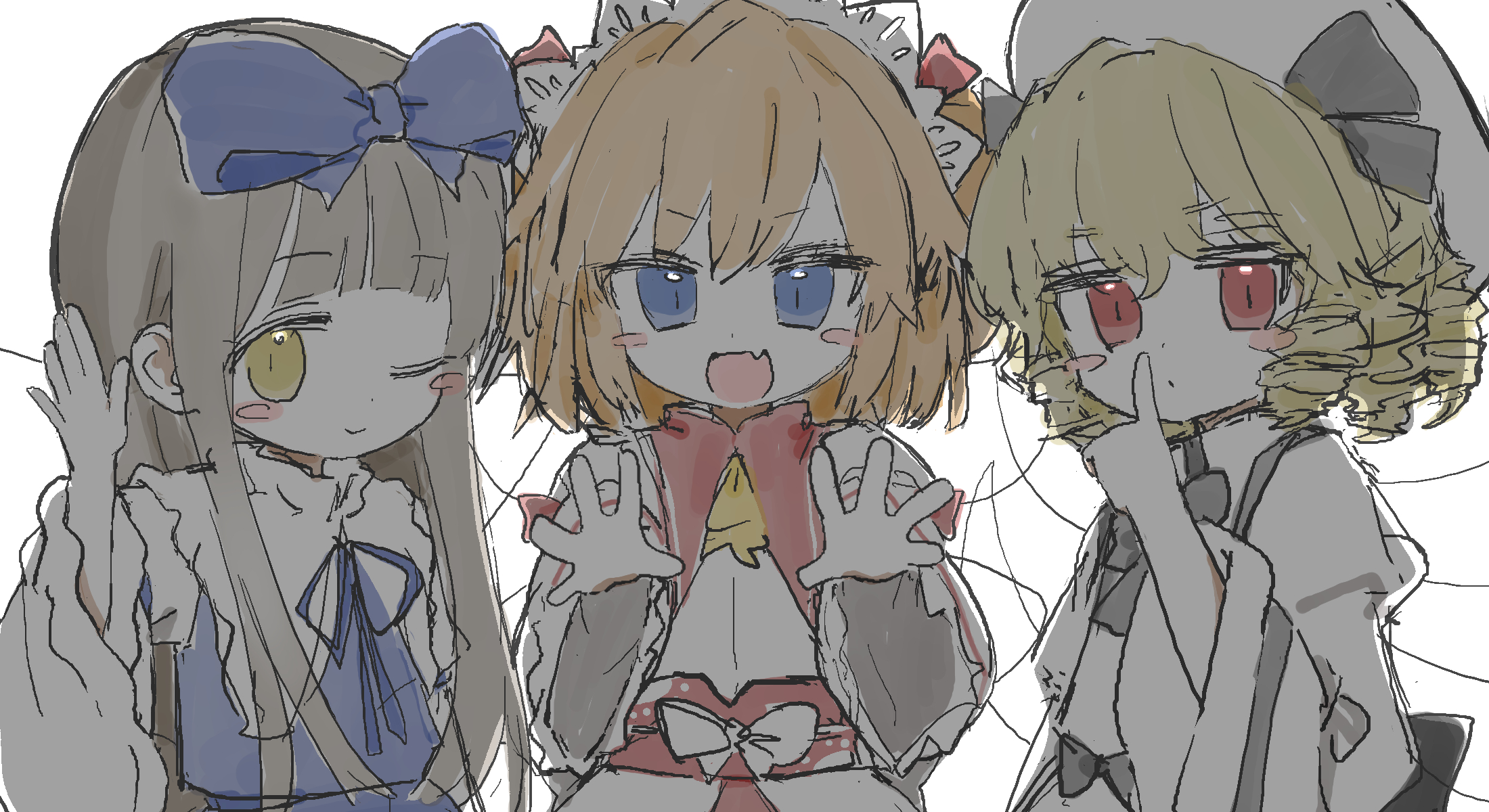 the okashi, luna child, star sapphire, sunny milk, touhou, touhou sangetsusei, highres, 3girls, ascot, black ribbon, blonde hair, blue bow, blue dress, blue eyes, blue ribbon, blunt bangs, blush stickers, bow, brown hair, closed mouth, dot mouth, double-parted bangs, dress, fang, finger to mouth, frilled hairband, frills, hairband, hand on own ear, hat, hat ribbon, head bow, long hair, long sleeves, medium hair, multiple girls, neck ribbon, one eye closed, open hands, orange hair, puritan collar, reaching, reaching towards viewer, red sash, ribbon, ringlets, sash, shushing, sidelocks, simple background, sketch, skin fang, slit pupils, waist ribbon, white background, white dress, white hat, white ribbon, white sleeves, wide sleeves, yellow ascot, yellow eyes