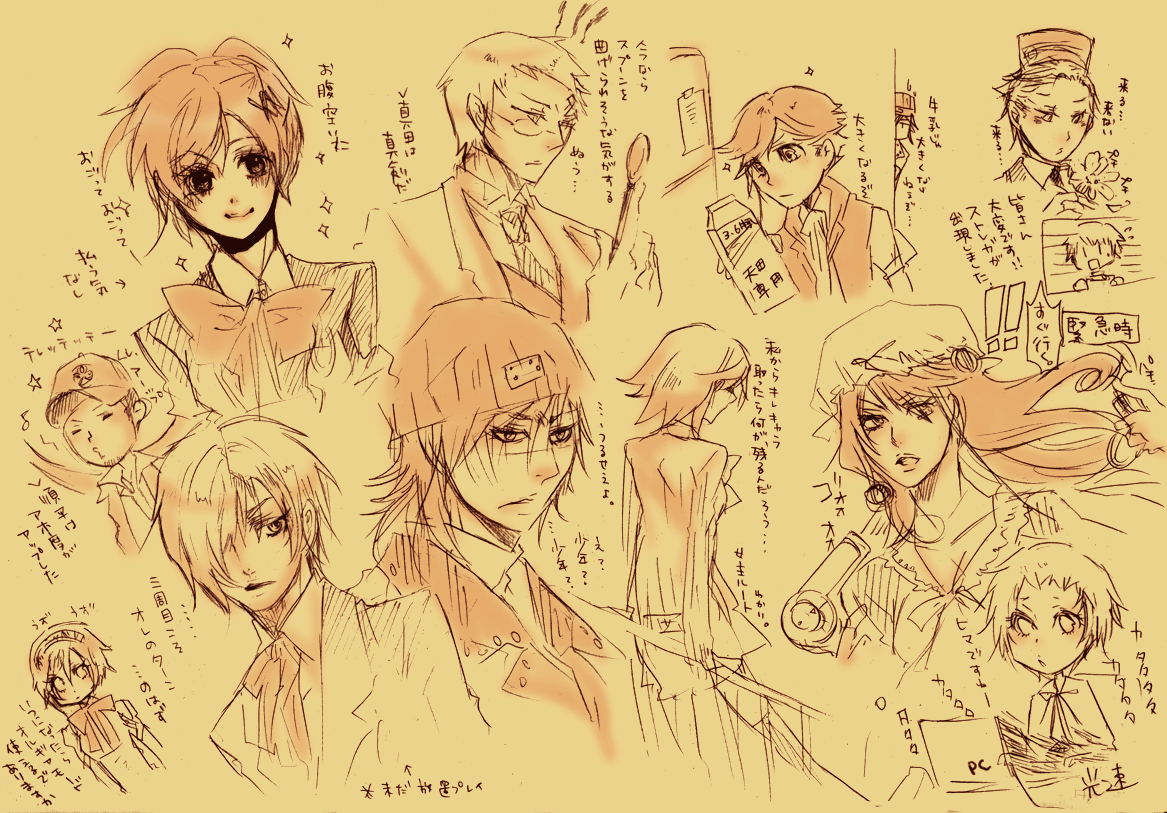 to (pixiv1355028), aigis (persona), amada ken, aragaki shinjirou, iori junpei, kirijou mitsuru, sanada akihiko, shiomi kotone, takeba yukari, theodore (persona), yamagishi fuuka, yuuki makoto (persona 3), atlus, persona, persona 3, persona 3 portable, translation request, 5girls, 6+boys, back, blush, bow, curly hair, facial hair, flower, goatee, hair dryer, hair ornament, hair over one eye, hairclip, hat, jacket, long hair, looking at viewer, monochrome, multiple boys, multiple girls, open mouth, parted bangs, plucking petals, school uniform, serious, shirt, short hair, smile, sparkle