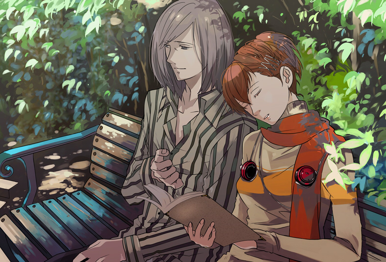 kazuki (kazu-king), akinari kamiki, kamiki akinari, shiomi kotone, atlus, persona, persona 3, persona 3 portable, bad id, bad pixiv id, 1boy, 1girl, book, closed eyes, couple, hair ornament, hairclip, headphones, hetero, scarf, sleeping, smile, sweater